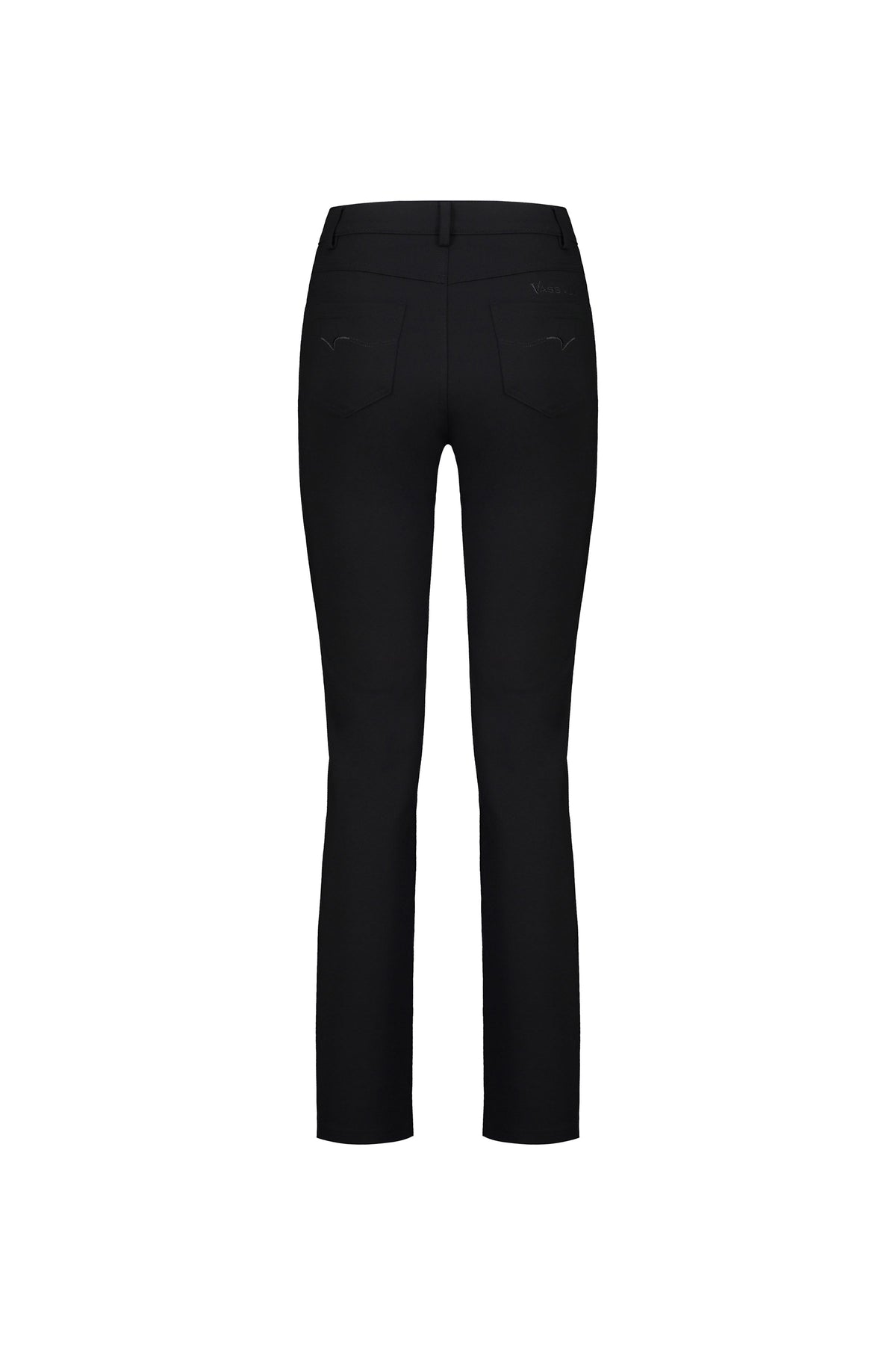 Back view of the Vassalli Slim Leg Ponti Pant in black, featuring two back pockets, subtle stitching, and belt loops. Made from stretch fabric for comfort. Shown against a plain white background.