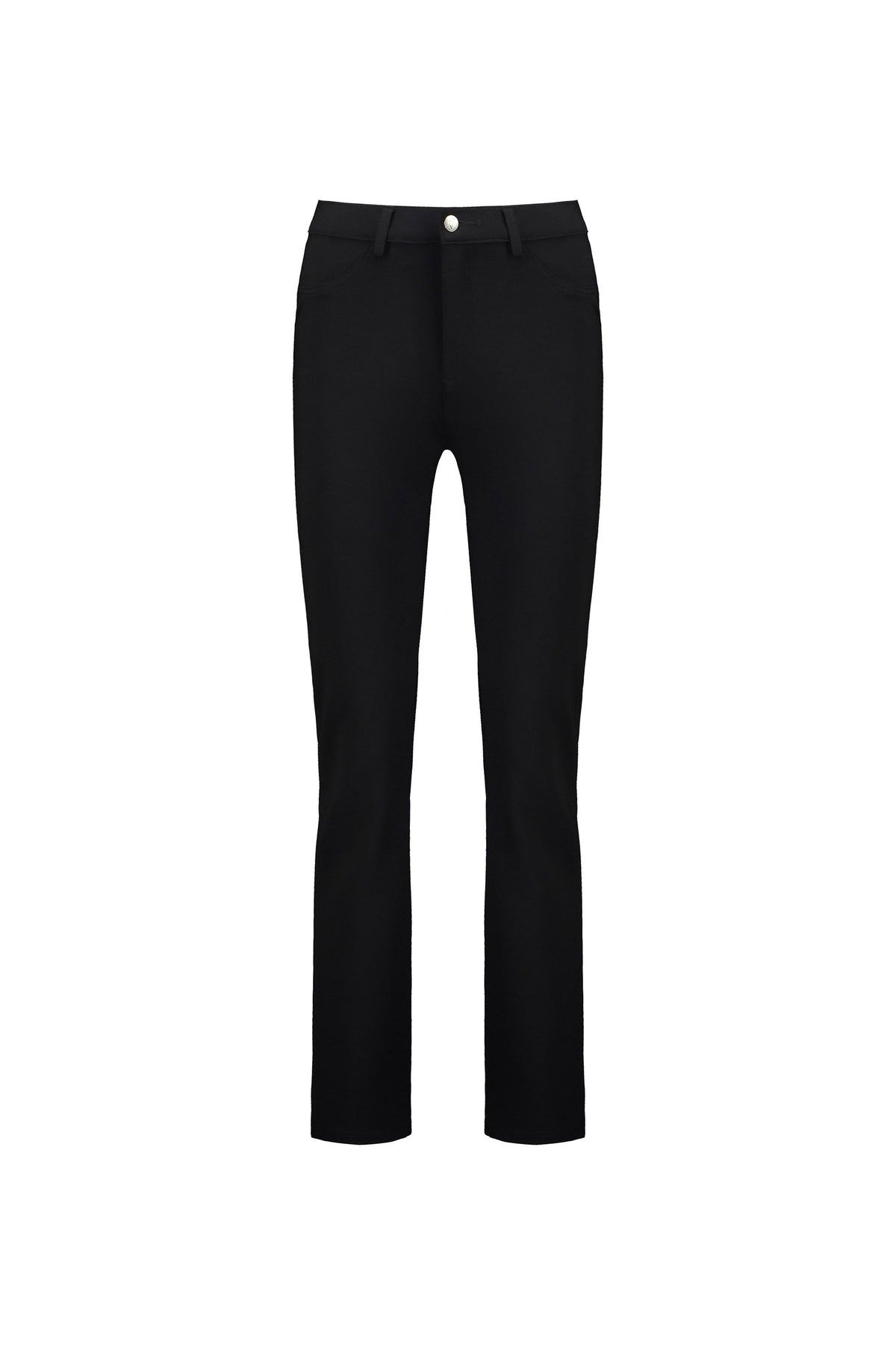 The Vassalli Slim Leg Ponti Pant in black features stretch fabric, a button and zipper closure, front pockets, and belt loops, shown on a white background.