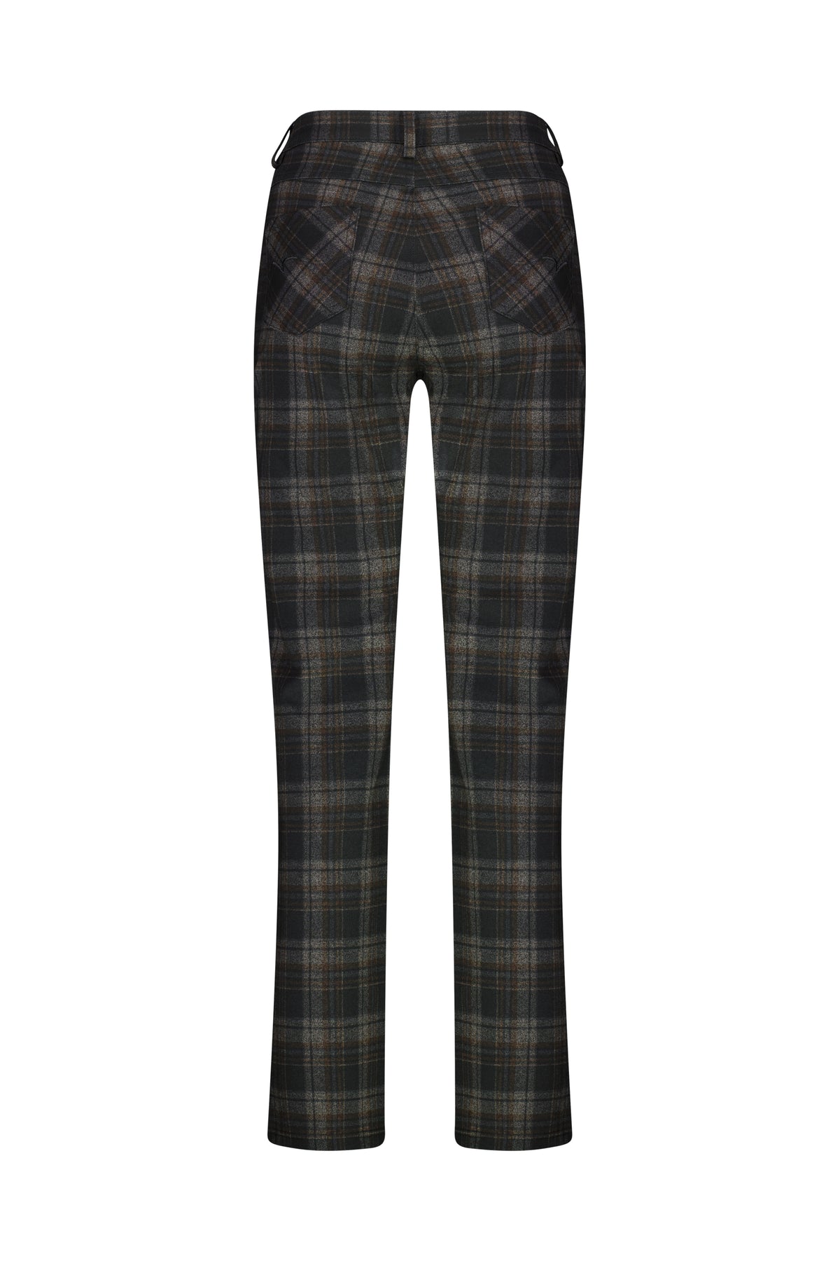 Back view of Vassalli's Slim Leg Ponti Pant - York, featuring a dark brown, gray, and black plaid pattern with two rear pockets—a stylish addition to your wardrobe.