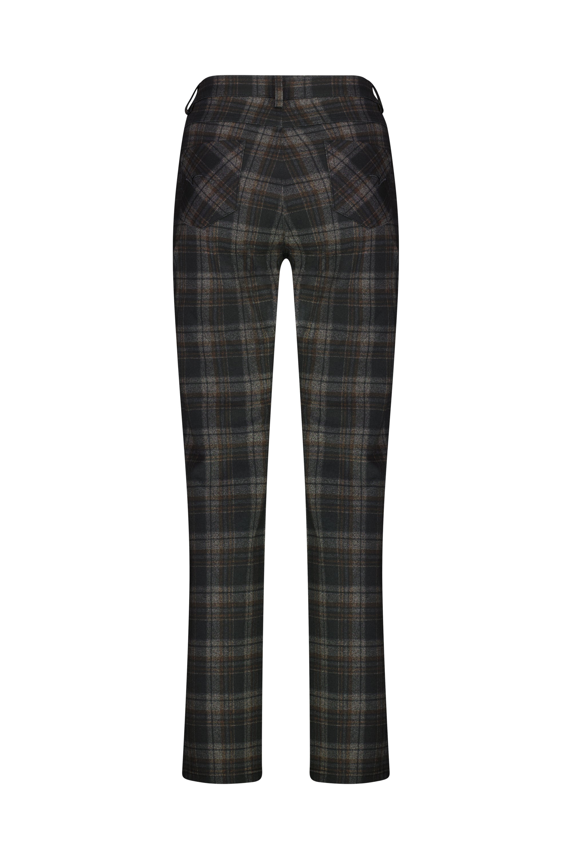Back view of Vassalli's Slim Leg Ponti Pant - York, featuring a dark brown, gray, and black plaid pattern with two rear pockets—a stylish addition to your wardrobe.
