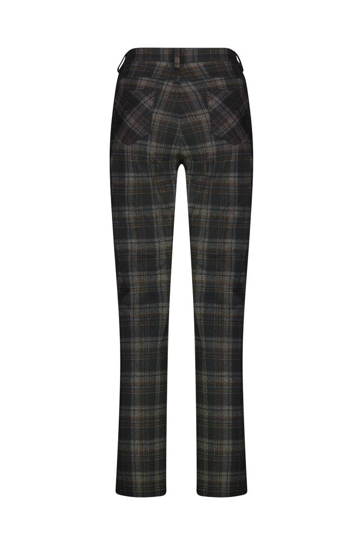 Back view of Vassalli's Slim Leg Ponti Pant - York, featuring a dark brown, gray, and black plaid pattern with two rear pockets—a stylish addition to your wardrobe.