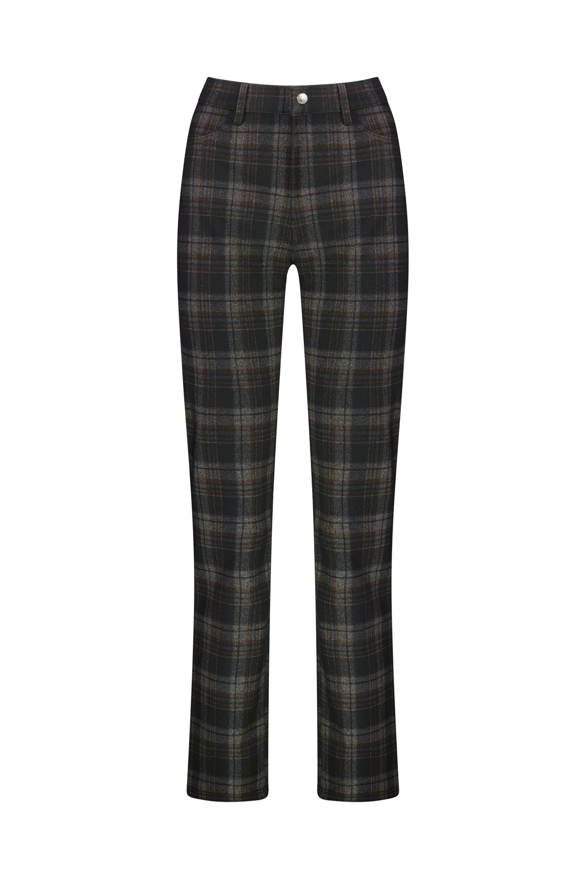 Vassalli Slim Leg Ponti Pant - York, shown on a white background, features a button waistband closure and belt loops in dark plaid shades of black, grey, and brown.