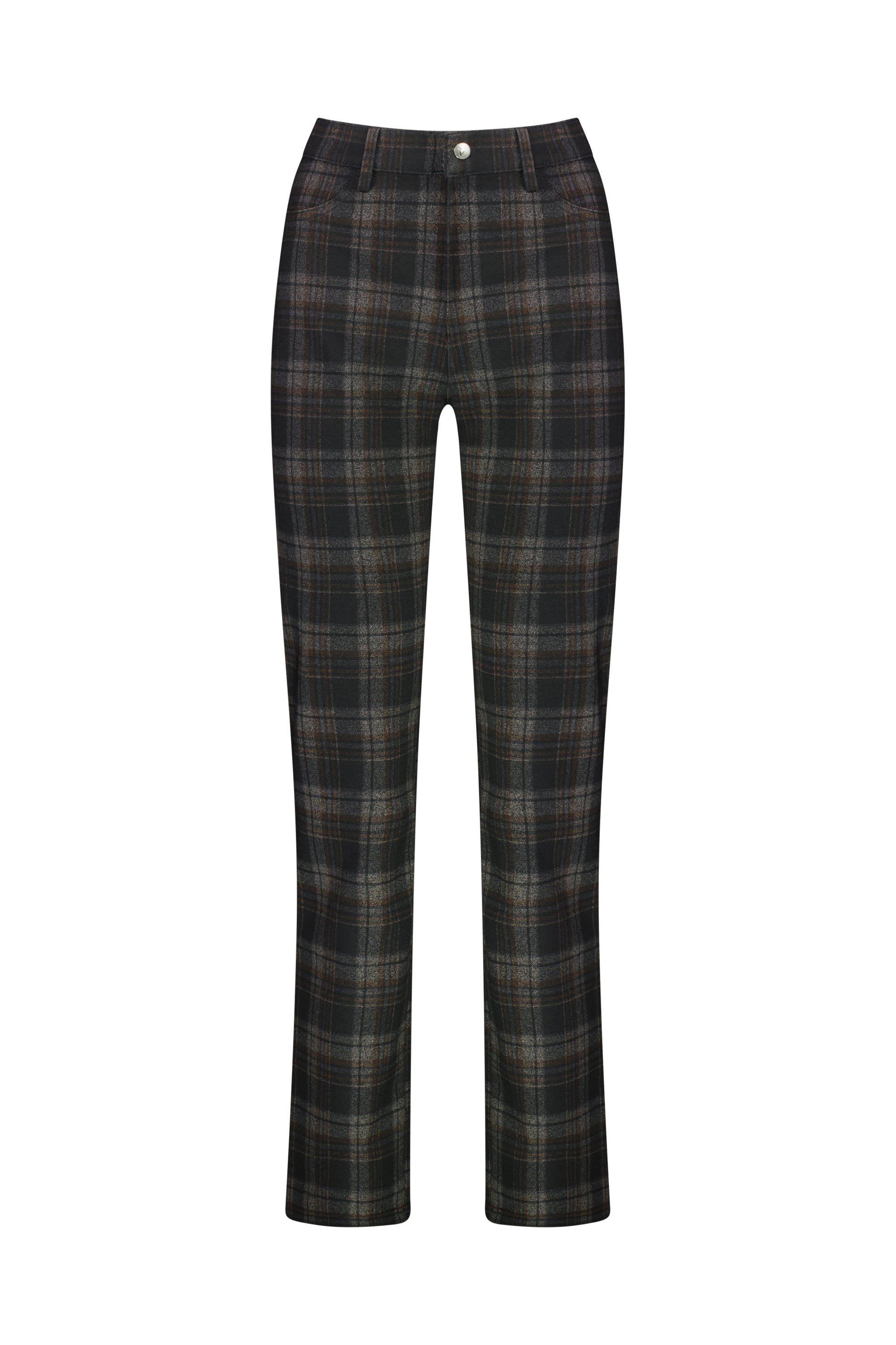 Vassalli Slim Leg Ponti Pant - York, shown on a white background, features a button waistband closure and belt loops in dark plaid shades of black, grey, and brown.