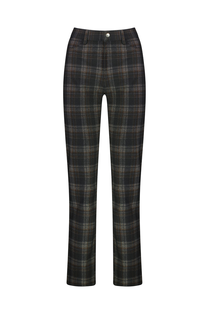 Vassalli Slim Leg Ponti Pant - York, shown on a white background, features a button waistband closure and belt loops in dark plaid shades of black, grey, and brown.
