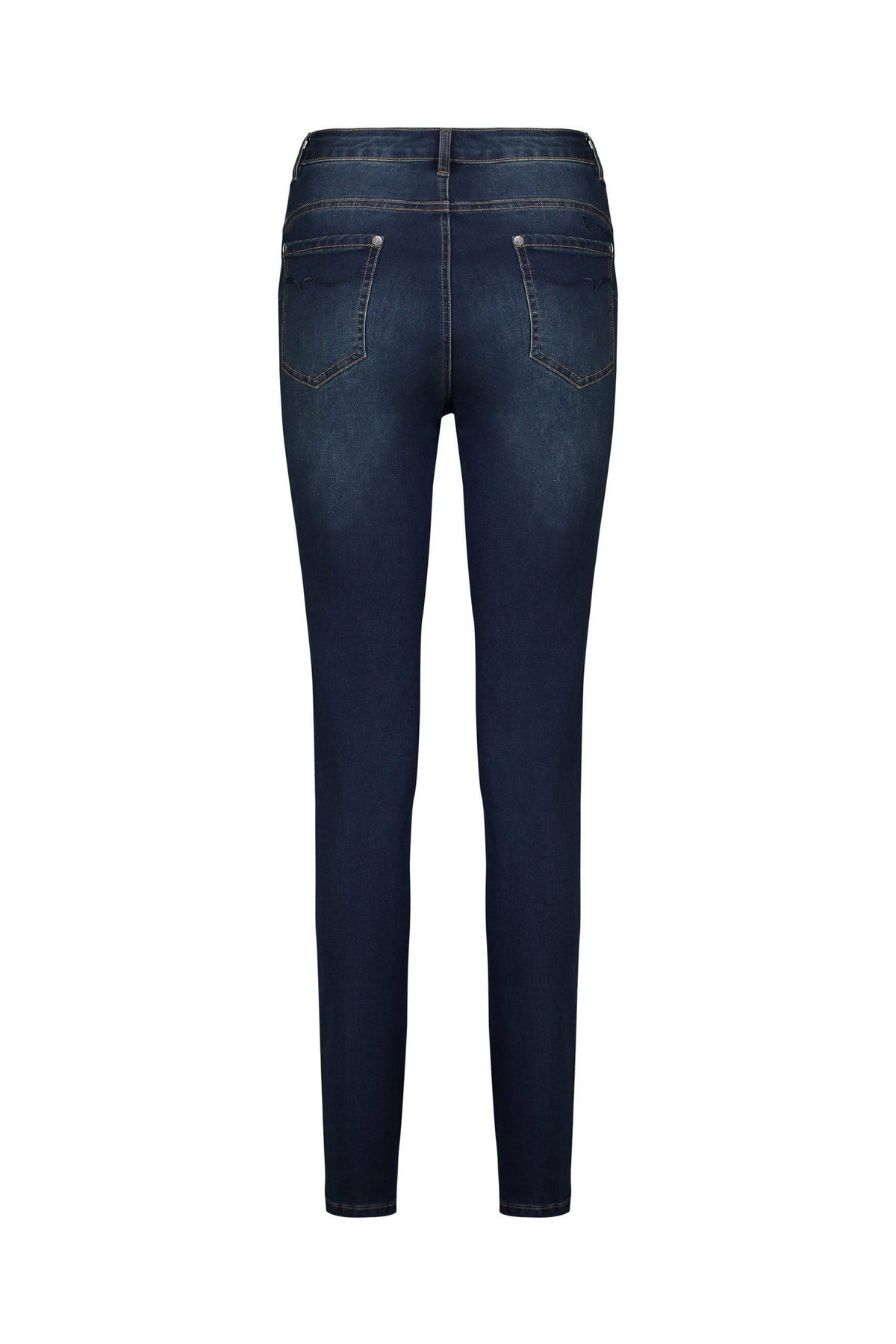 The Vassalli Skinny Leg Jean - Deep Blue features a high-rise, stretch fit with two back pockets, visible stitching, and a flattering tapered leg in a classic deep blue wash.