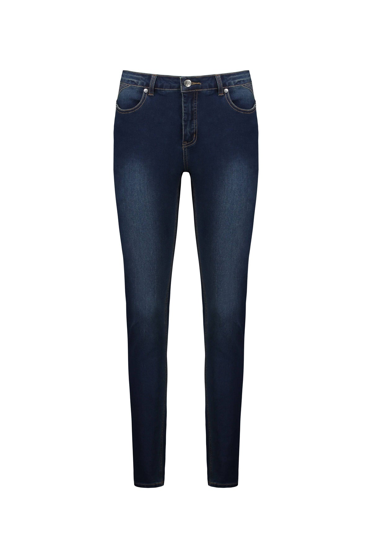The Vassalli Skinny Leg Jean - Deep Blue features a button and zip closure, front and back pockets, and subtle thigh fading, shown on a white background.