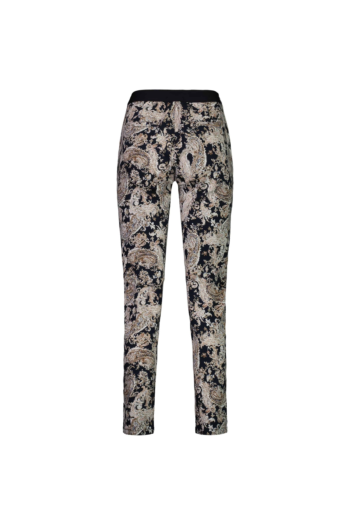 Vassalli Ankle Grazer Pant - Antique, slim-fit with an all-over beige and white paisley pattern on stretch fabric, styled as ankle grazers and shown against a plain white background.