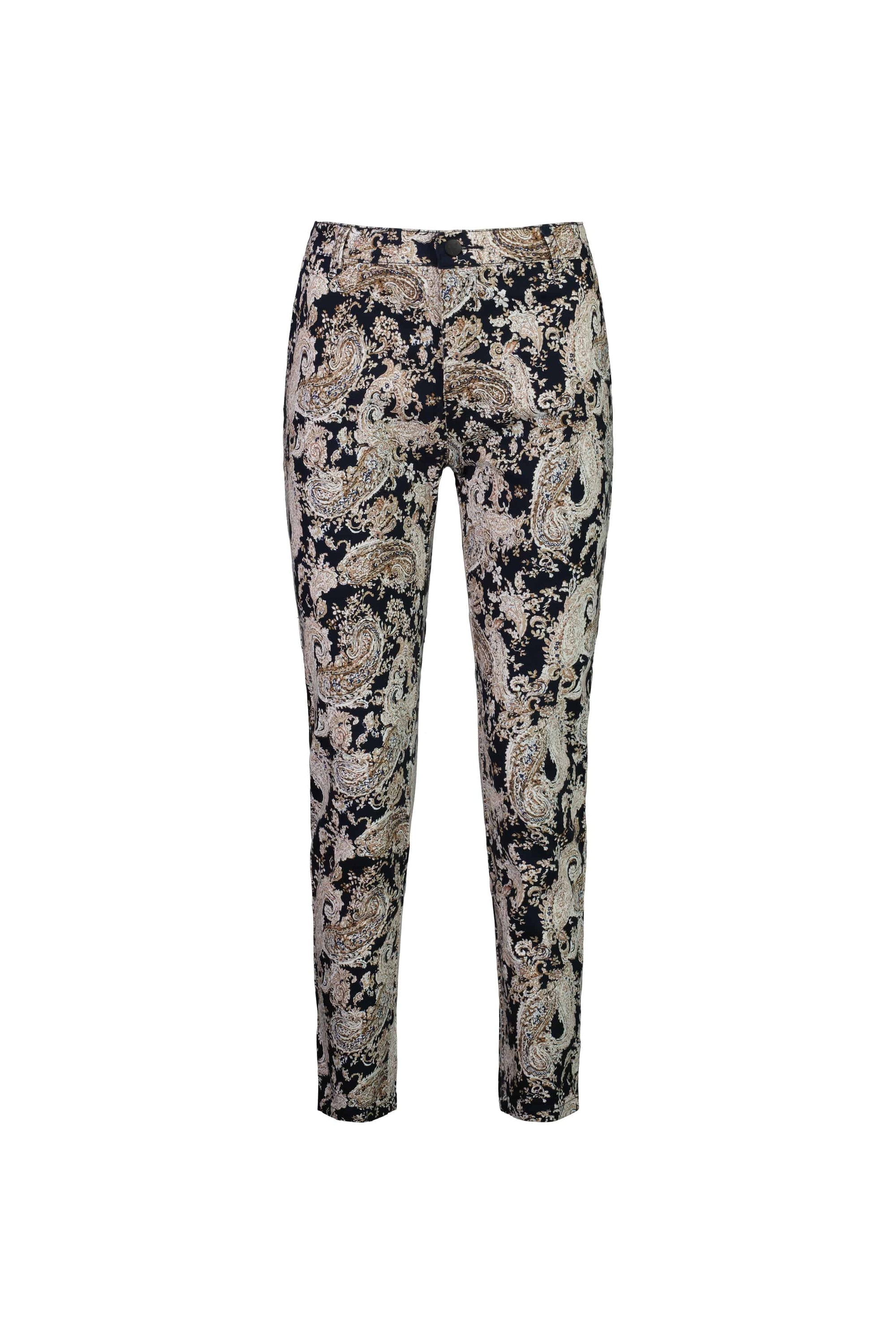 The Vassalli Ankle Grazer Pant - Antique features a multicolored paisley pattern in beige and black, crafted from stretch fabric for comfort. These skinny leg pants are shown against a white background.