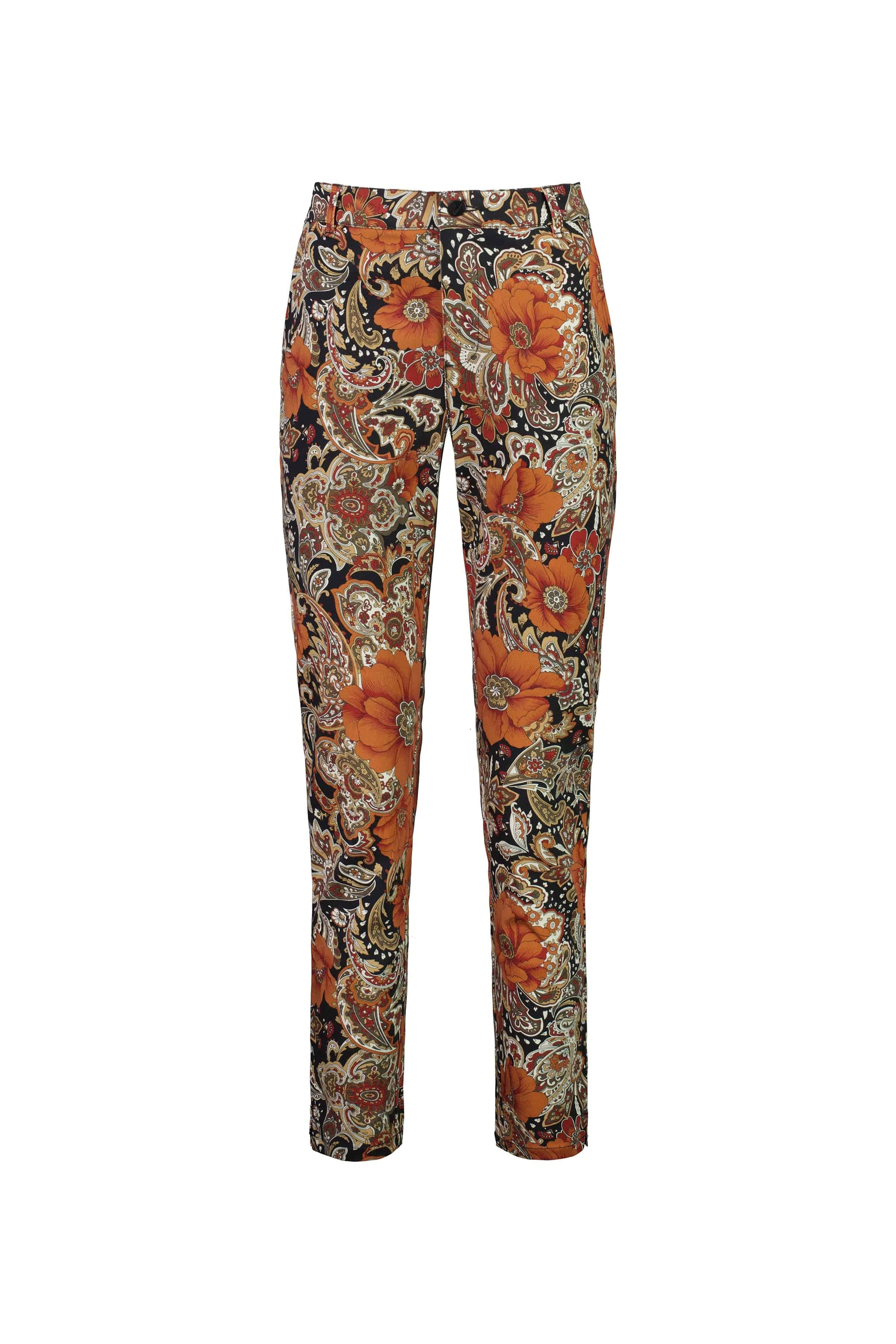 The Vassalli Ankle Grazer Pant - Bohemian features a vibrant floral and paisley print in orange, red, and cream on black. With a sleek, tailored fit and no visible waistband or fastenings, these pants offer effortless style.