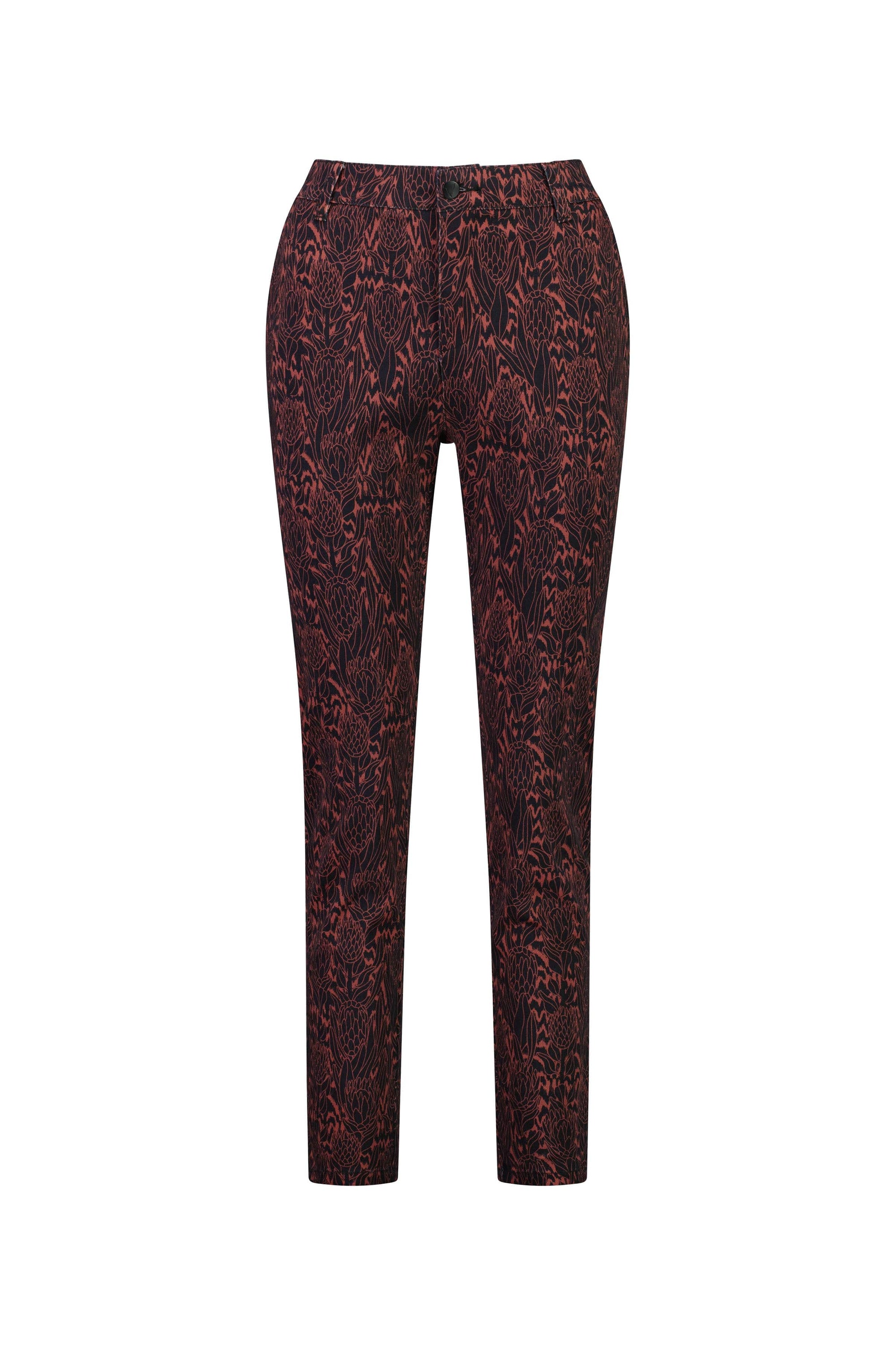 The Vassalli Ankle Grazer Pant - Protea is a high-waisted, slim-fit style featuring a striking red and black abstract print on white.