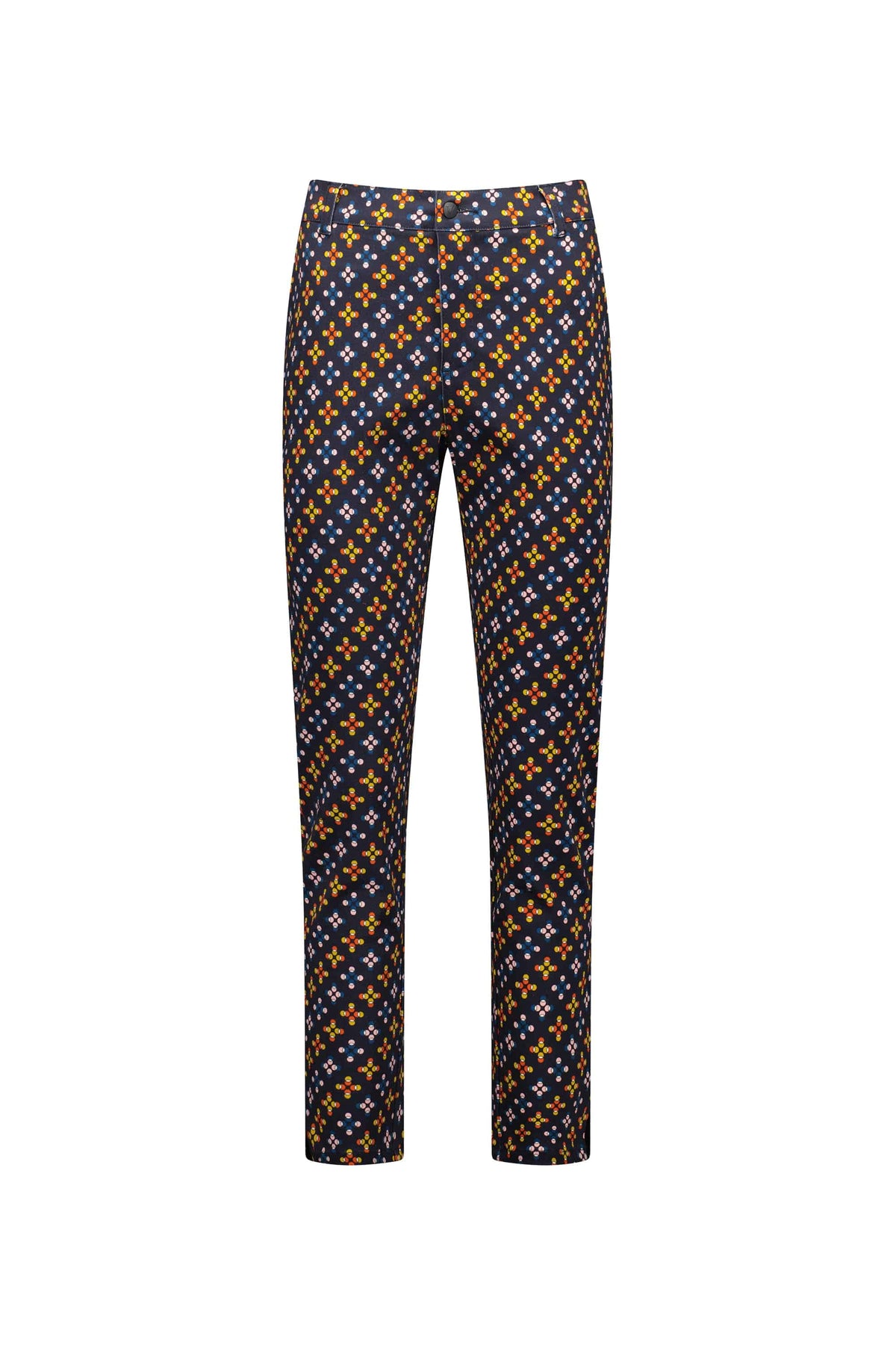 The Vassalli Ankle Grazer Pant - Stellar features a slim fit, stretch fabric, and a vibrant geometric print in yellow, blue, and orange. Shown on a plain white background.