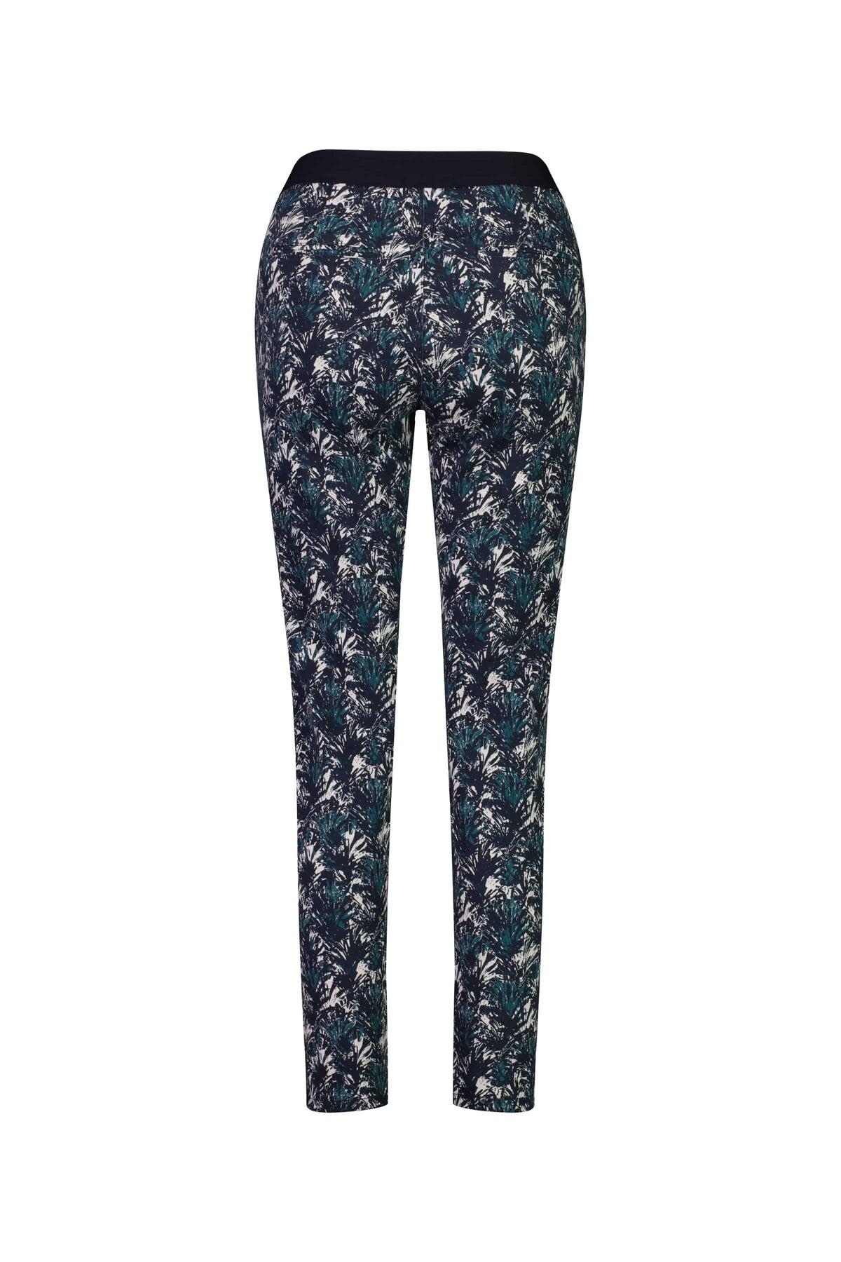 Rear view of the Vassalli Ankle Grazer Pant - Aspen, featuring an all-over floral print in blue, green, and white on a dark background.