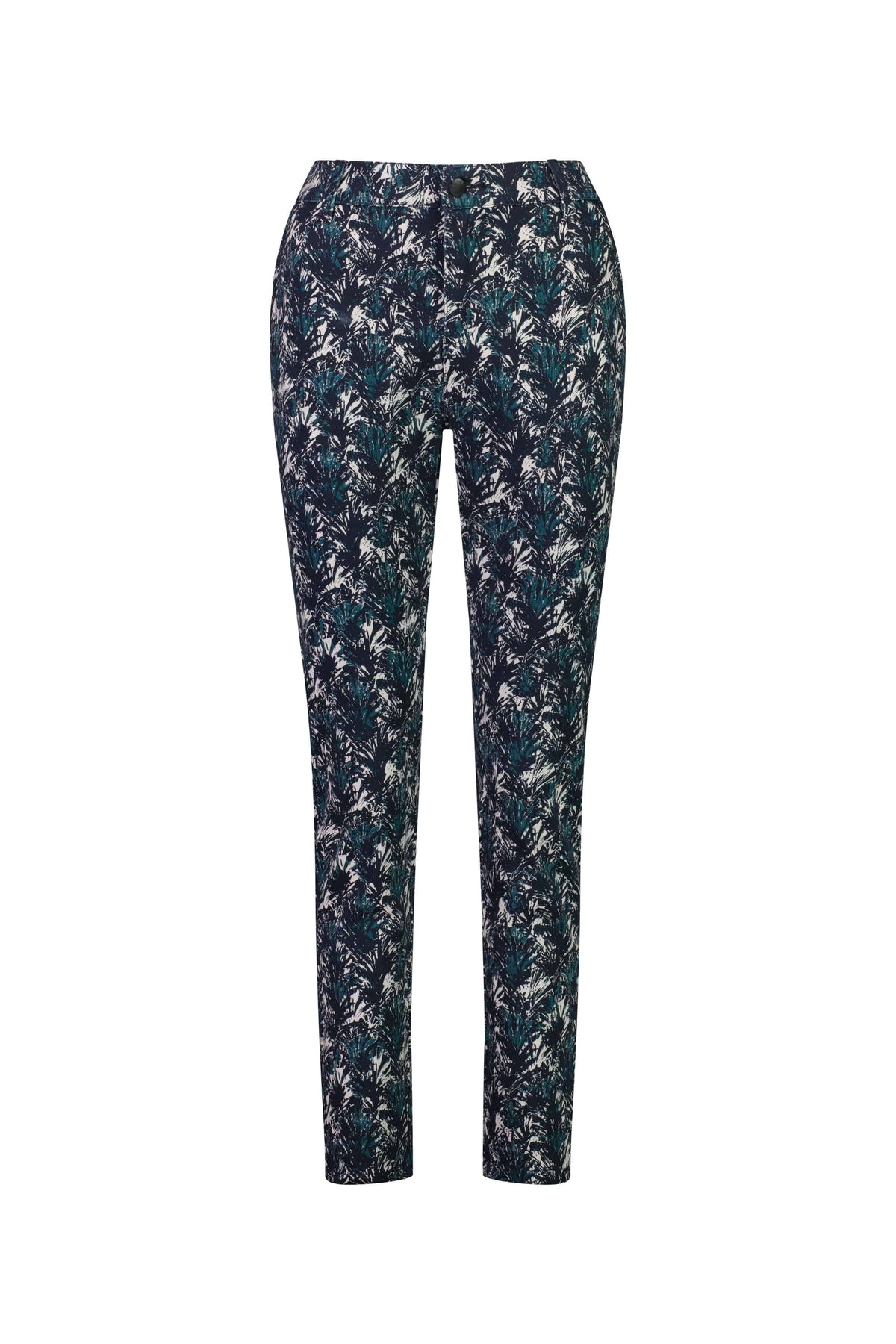 The Vassalli Ankle Grazer Pant - Aspen features a slim fit and an all-over leafy botanical print in green and white on a dark background, shown against a white backdrop.