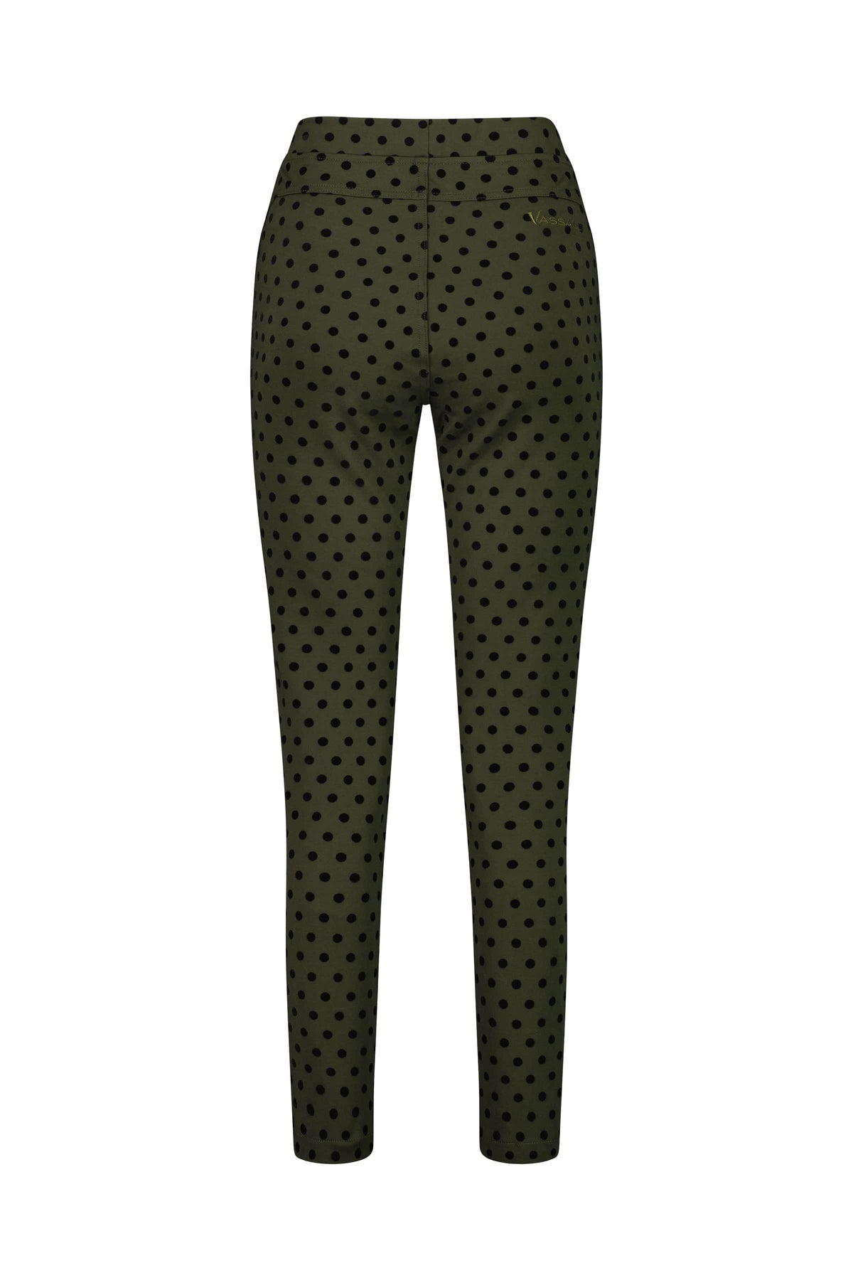 Back view of the Vassalli View Pant in khaki, a printed ponti pant with black polka dots, two back pockets, and a tapered leg design, shown on a white background.