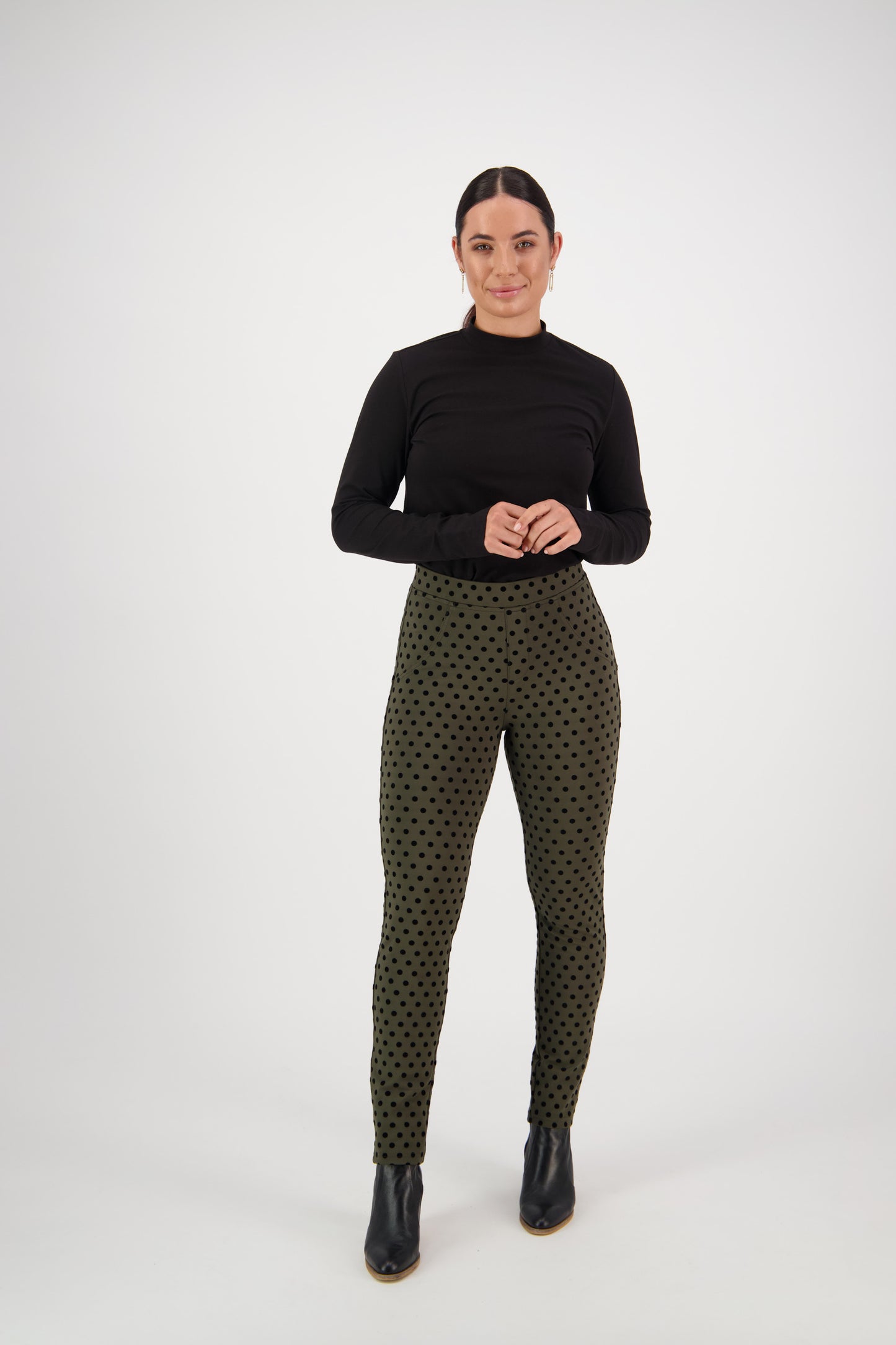 5903 Khaki - Skinny Leg Ankle Grazer Printed Ponti Pull On