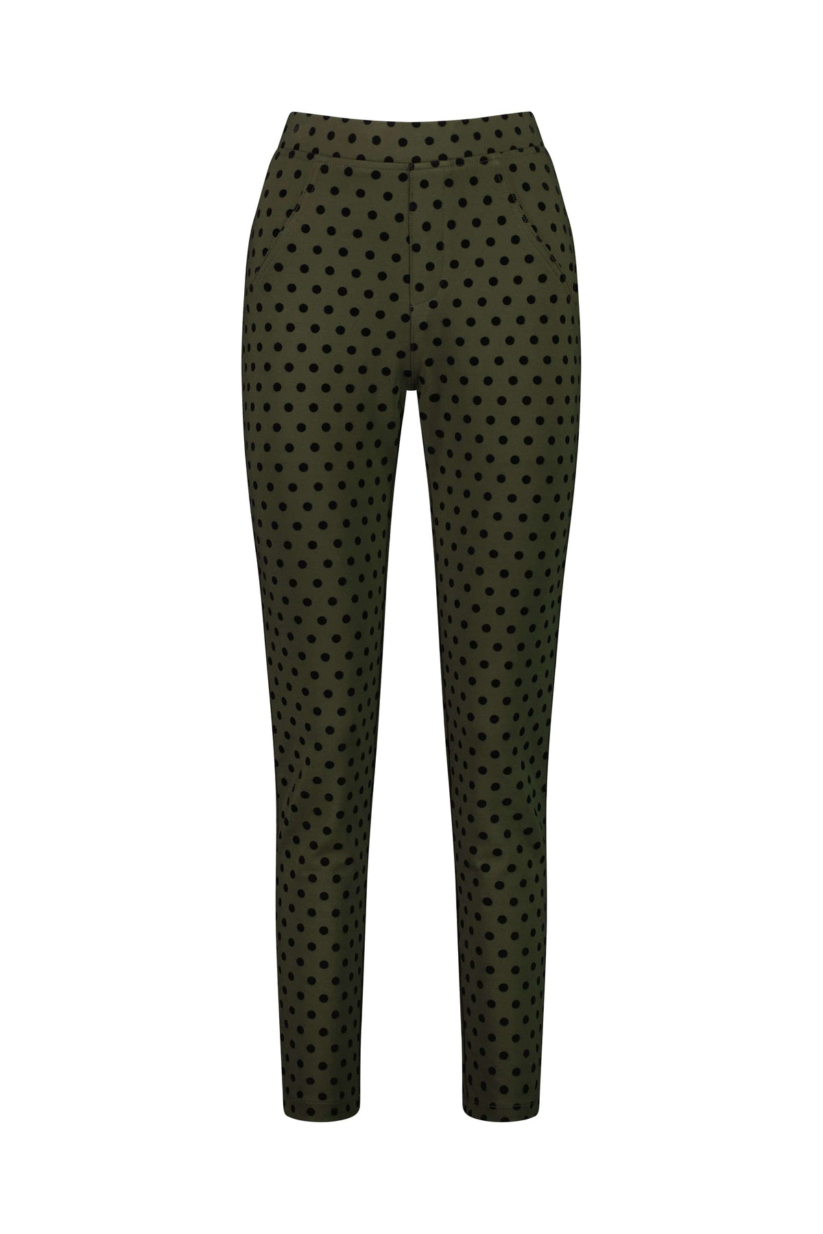 The Vassalli View Pant - Khaki features an olive green hue, tapered fit, high waist, and black polka dot print in a stylish Printed Ponti Pant design, displayed on a white background.
