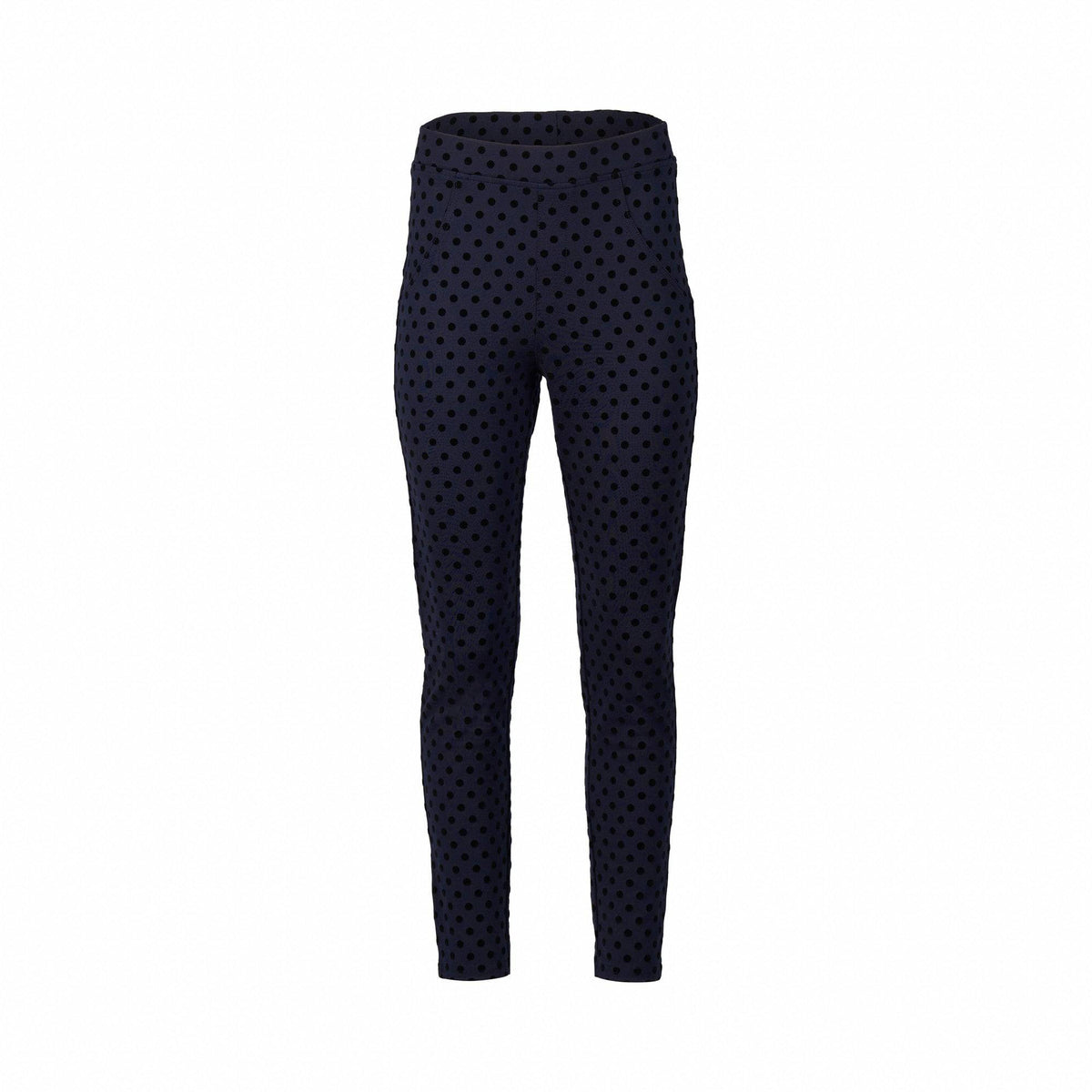 Vassalli's View Pant - Navy features a high-waisted skinny leg ankle grazer fit with a black polka dot print, displayed against a plain white background.