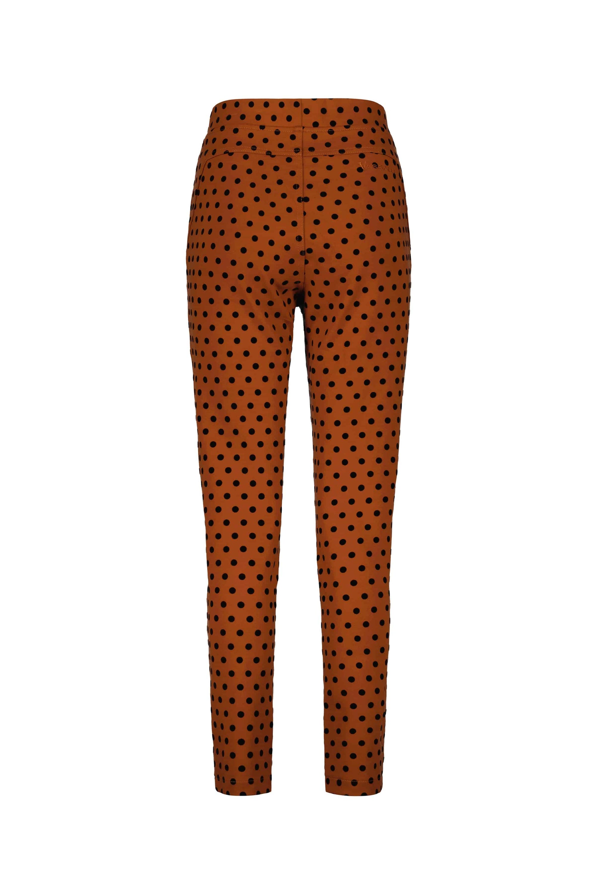 Vassalli View Pant - Rustic: high-waisted, slim fit pull-on pants in a brown shade with black polka dots, shown from the back on a white background.