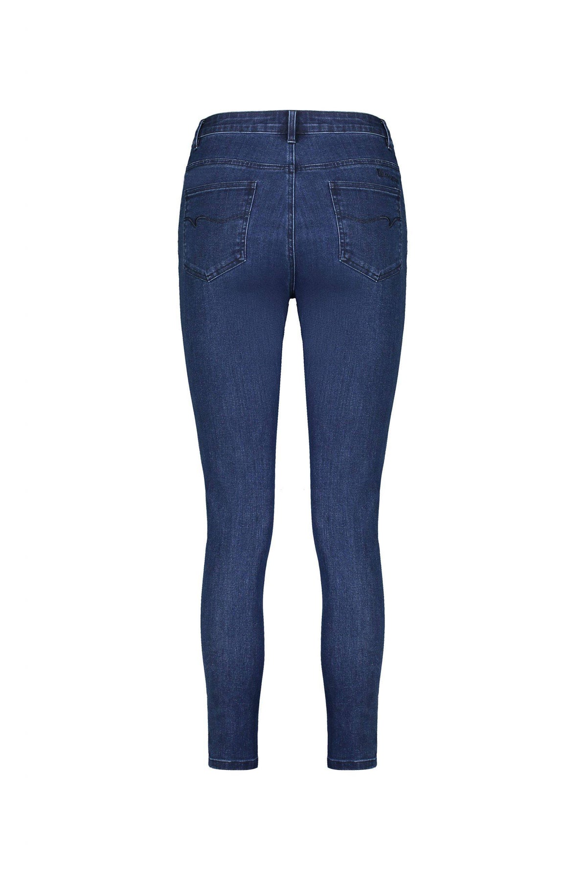 Back view of Vassalli Ankle Grazer Jean - Ink Denim, showcasing a high-rise skinny fit with two back pockets and stitching details, shown on a plain white background.