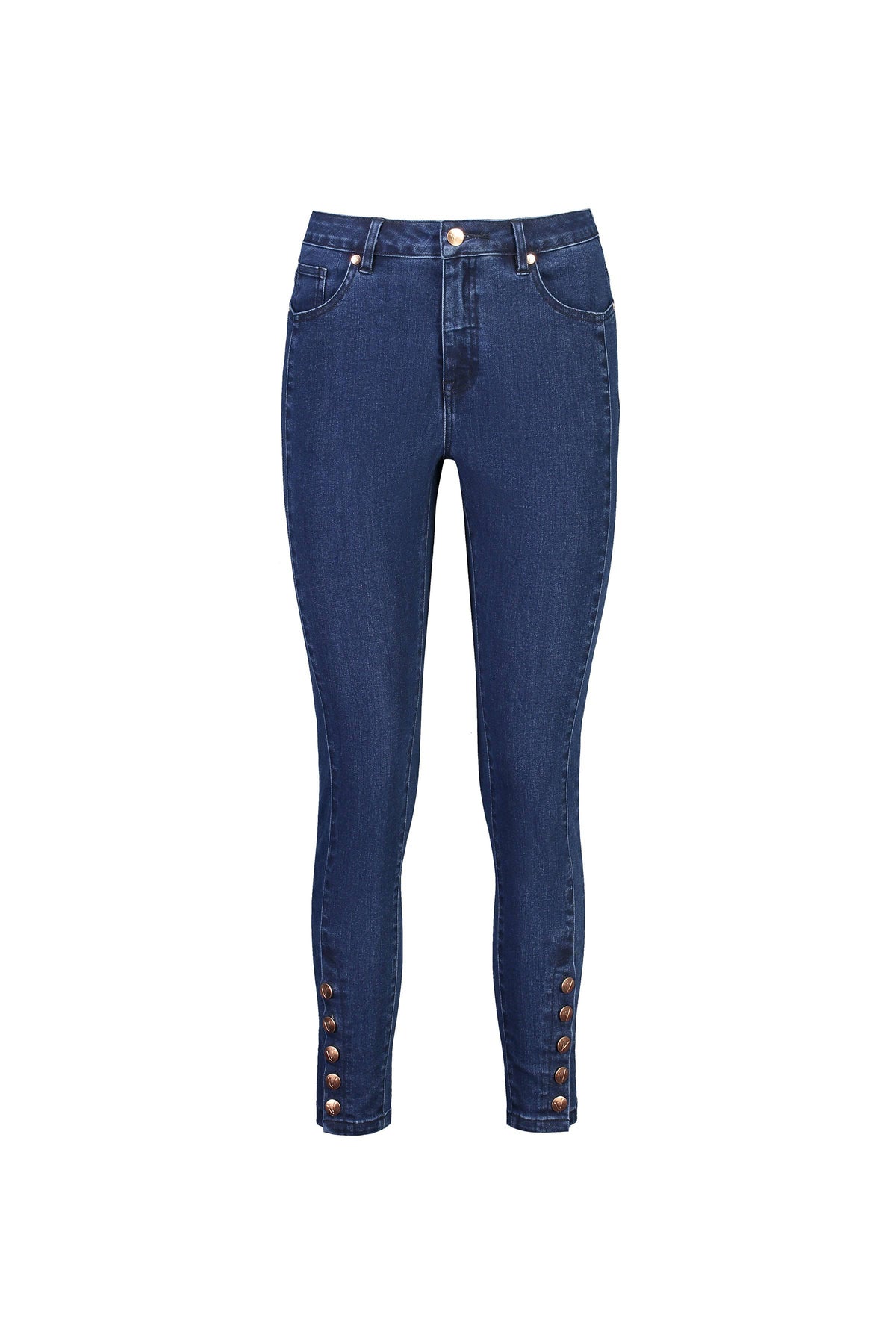 The Vassalli Ankle Grazer Jean in Ink Denim features stretch fabric, front and back pockets, a button and zip closure, and decorative gold ankle buttons. Displayed against a white background.