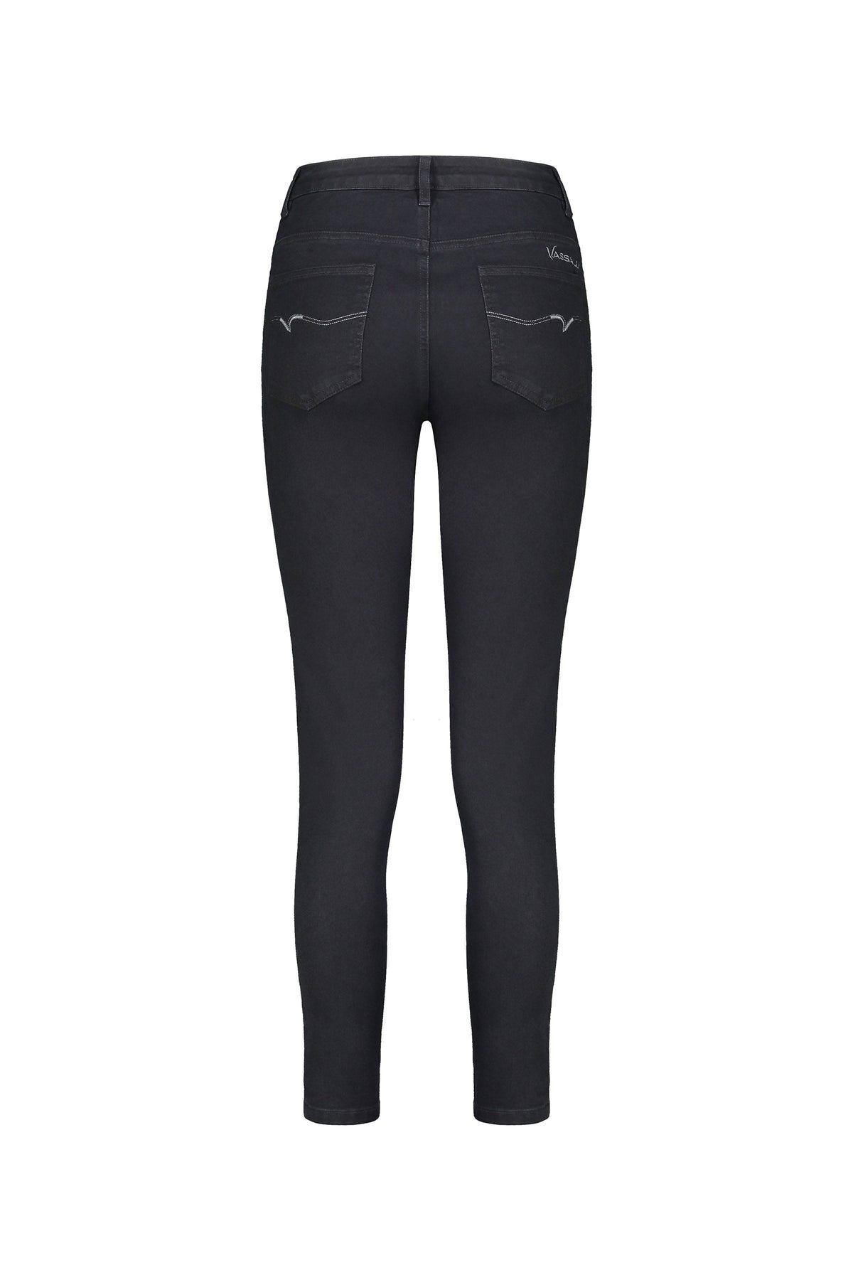 Back view of the Vassalli Ankle Grazer Jean in black denim, high-rise skinny fit with two rear pockets featuring decorative stitching and a small logo on the right pocket, shown on a white background.