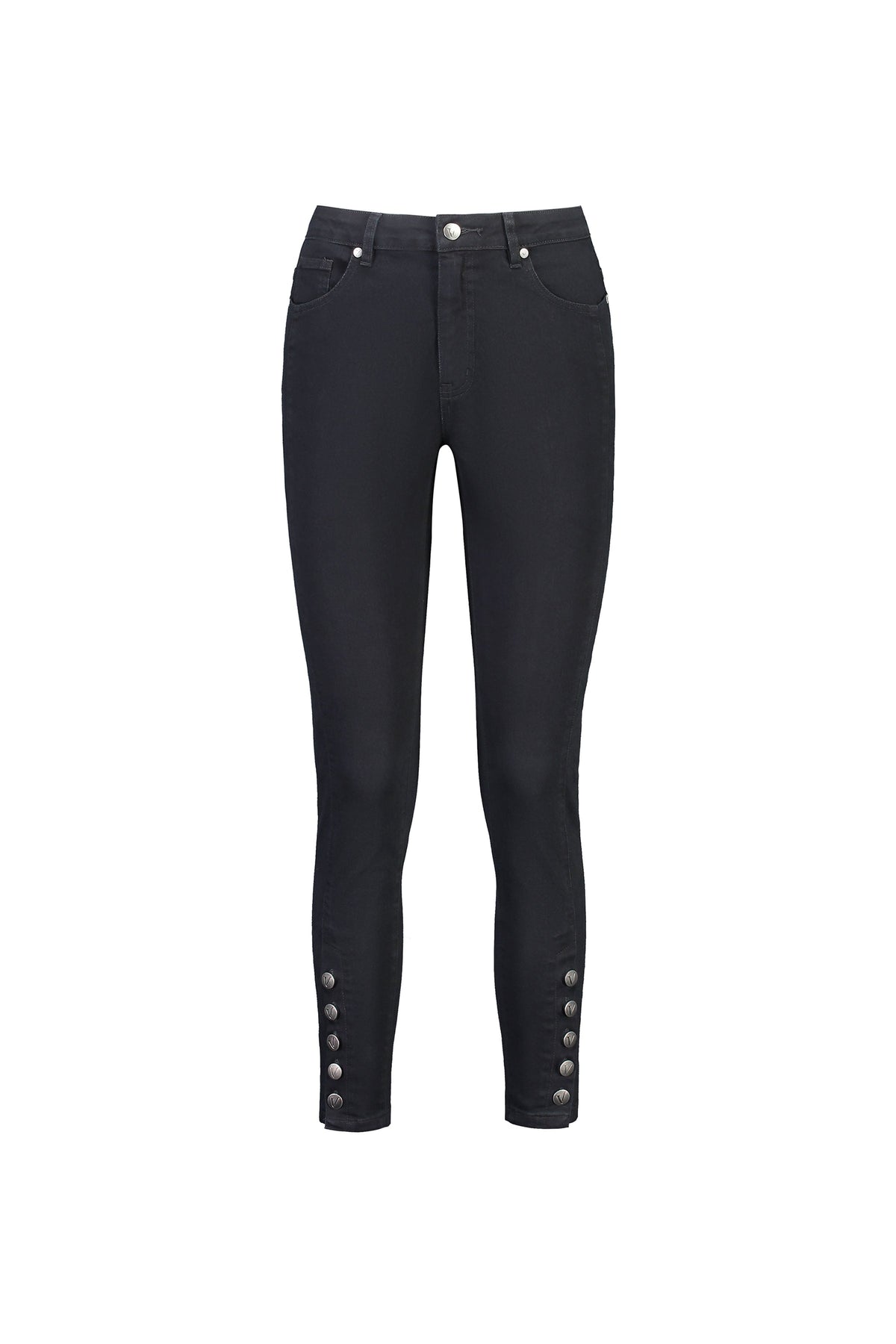 The Vassalli Ankle Grazer Jean in black denim features front and back pockets, belt loops, and button details at the ankles, shown against a white background.