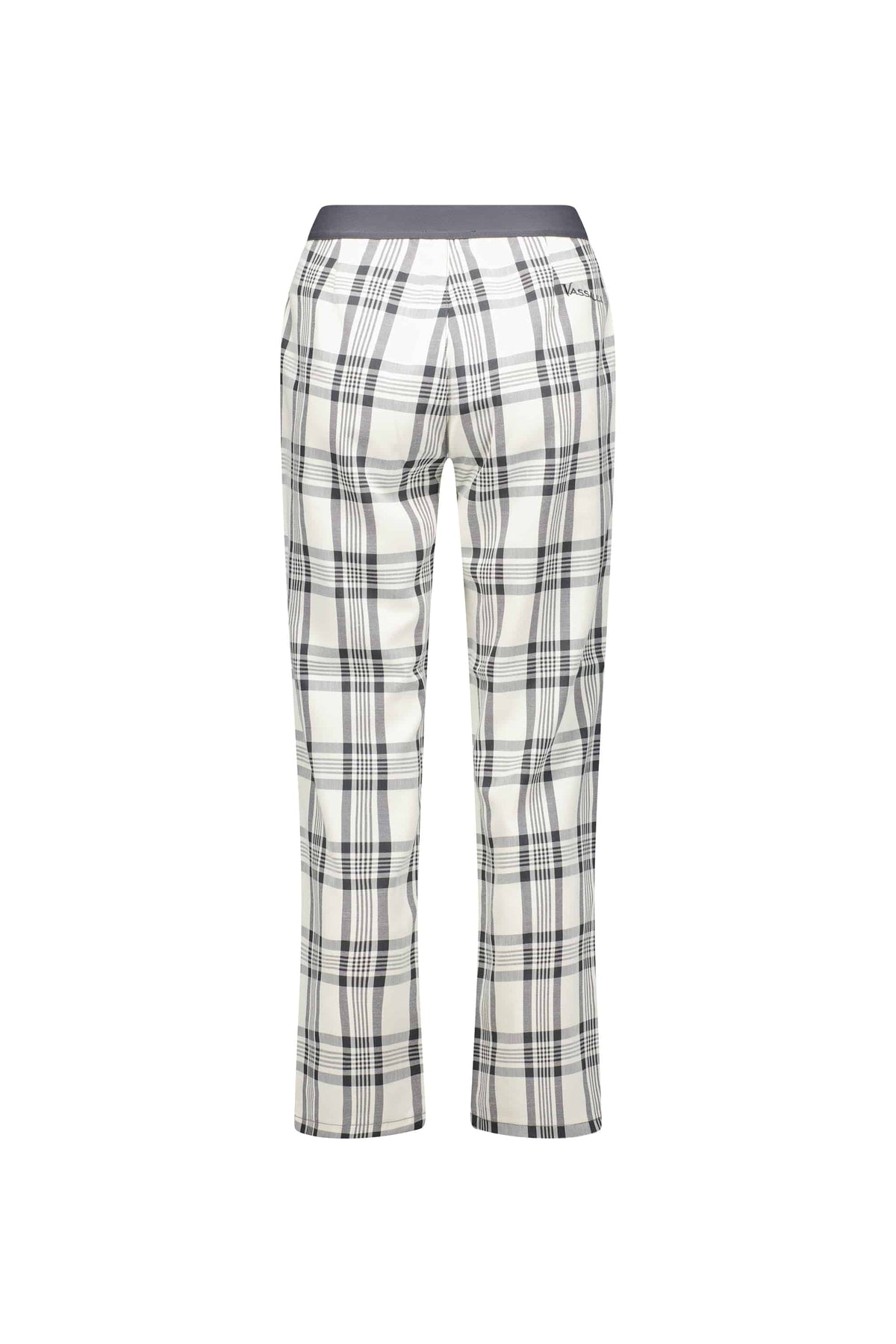 Back view of Vassalli 7/8 Pant with Fly in Slate/Off White plaid, featuring a solid grey waistband. These stretch fabric pants combine comfort and style for any occasion.