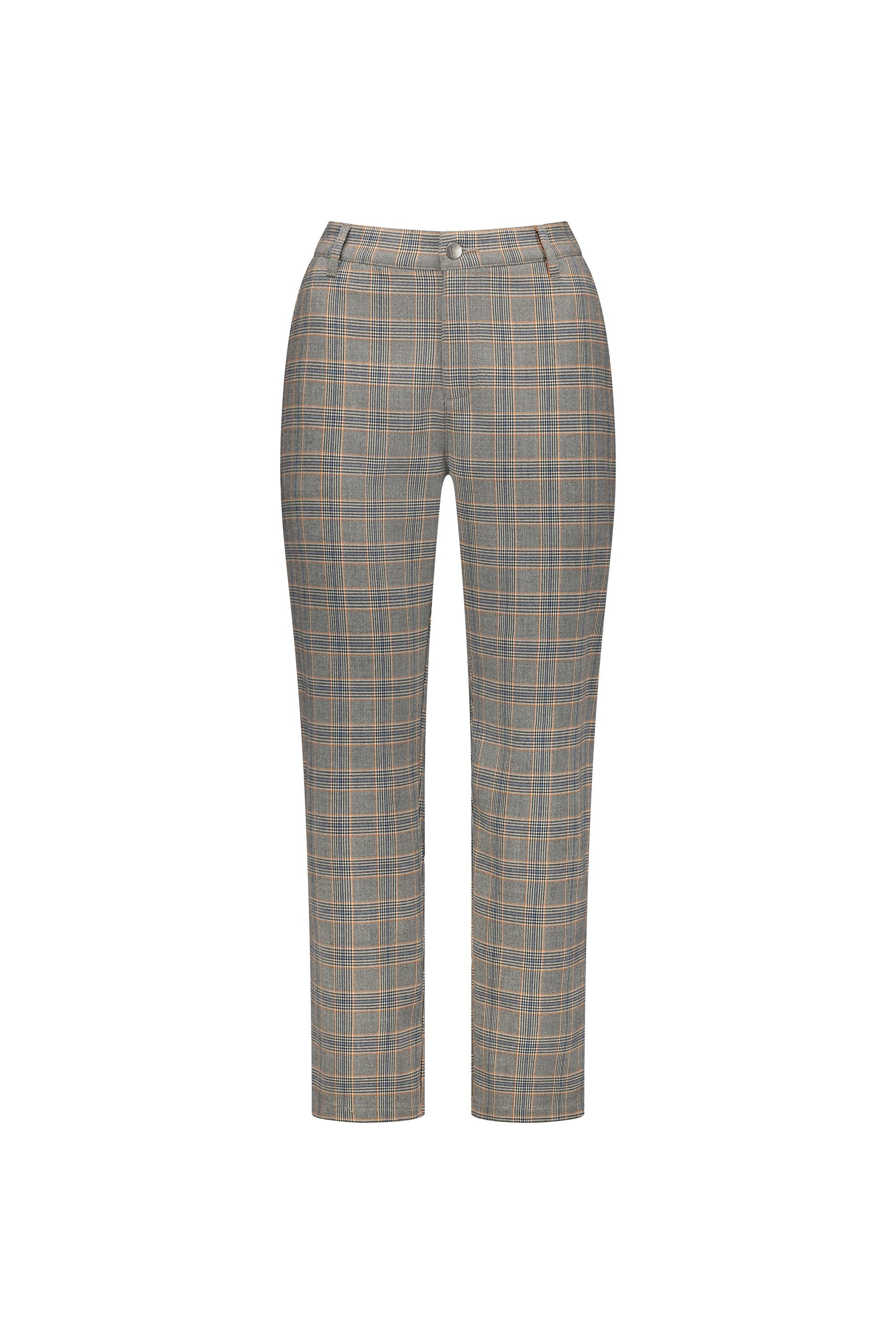 5963A Tangerine Check - Slim Leg 7/8 Pant with Fly and Elastic Back Waistband - Vassalli