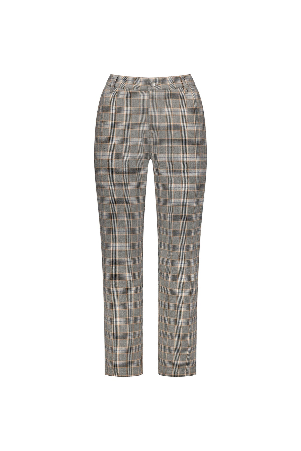 The Vassalli 7/8 Pant with Fly in Tangerine Check is a women's slim, straight-leg trouser featuring a button closure and comfortable elastic back waistband, shown on a white background.