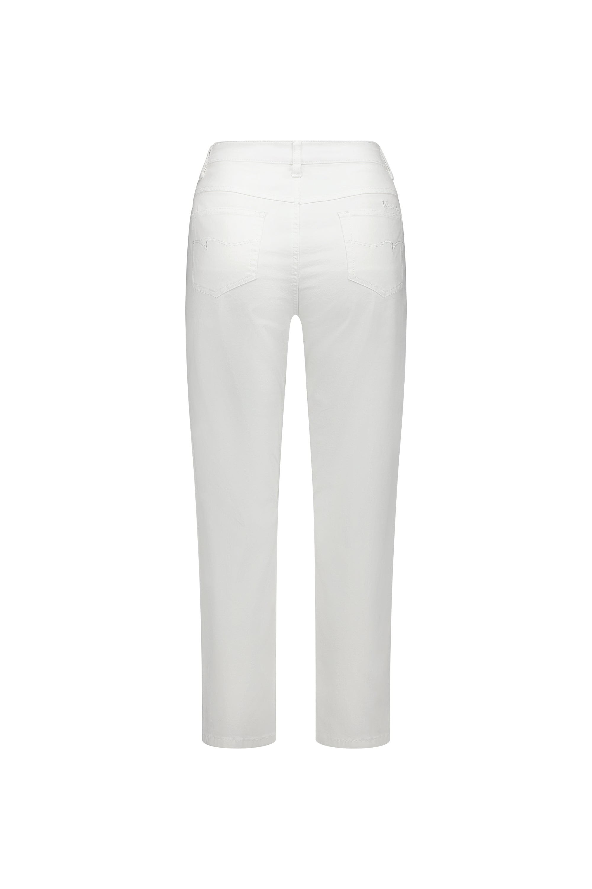 Back view of Vassalli's Slim Leg 7/8 Pant in white, featuring two back pockets, a high waistband, and cropped ankle length, shown against a plain white background.