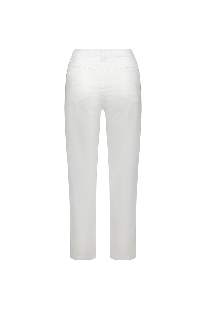 Back view of Vassalli's Slim Leg 7/8 Pant in white, featuring two back pockets, a high waistband, and cropped ankle length, shown against a plain white background.