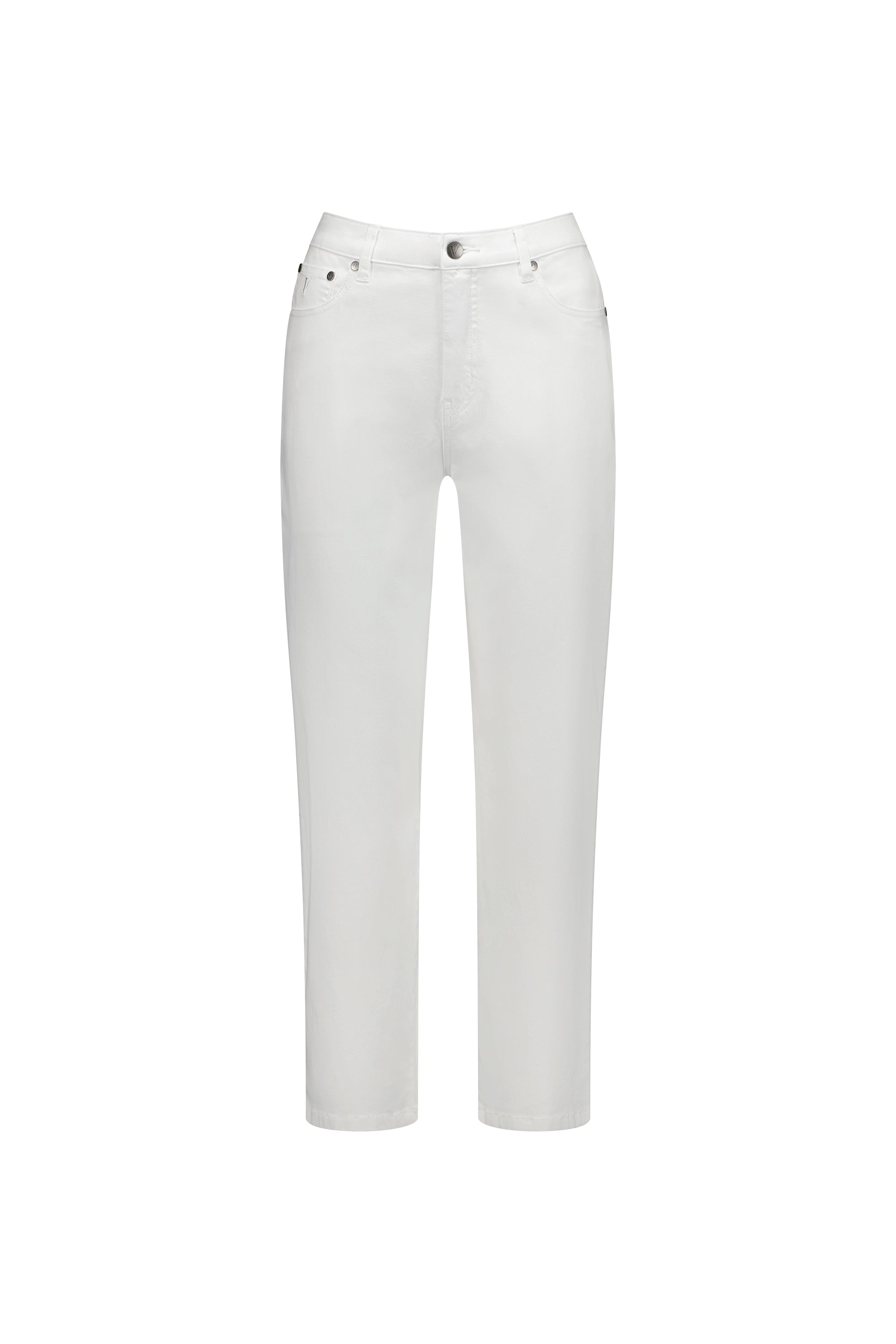 The Vassalli Slim Leg 7/8 Pant in white features a high waist, button and zip closure, front and back pockets, and is displayed on a plain white background.