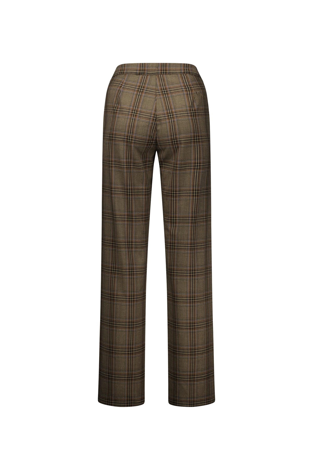Back view of Vassalli Wide Leg Dress Pant - Britain in brown plaid with a high waist, elastic back waistband, and subtle black, red, and beige checks, displayed on a plain white background.