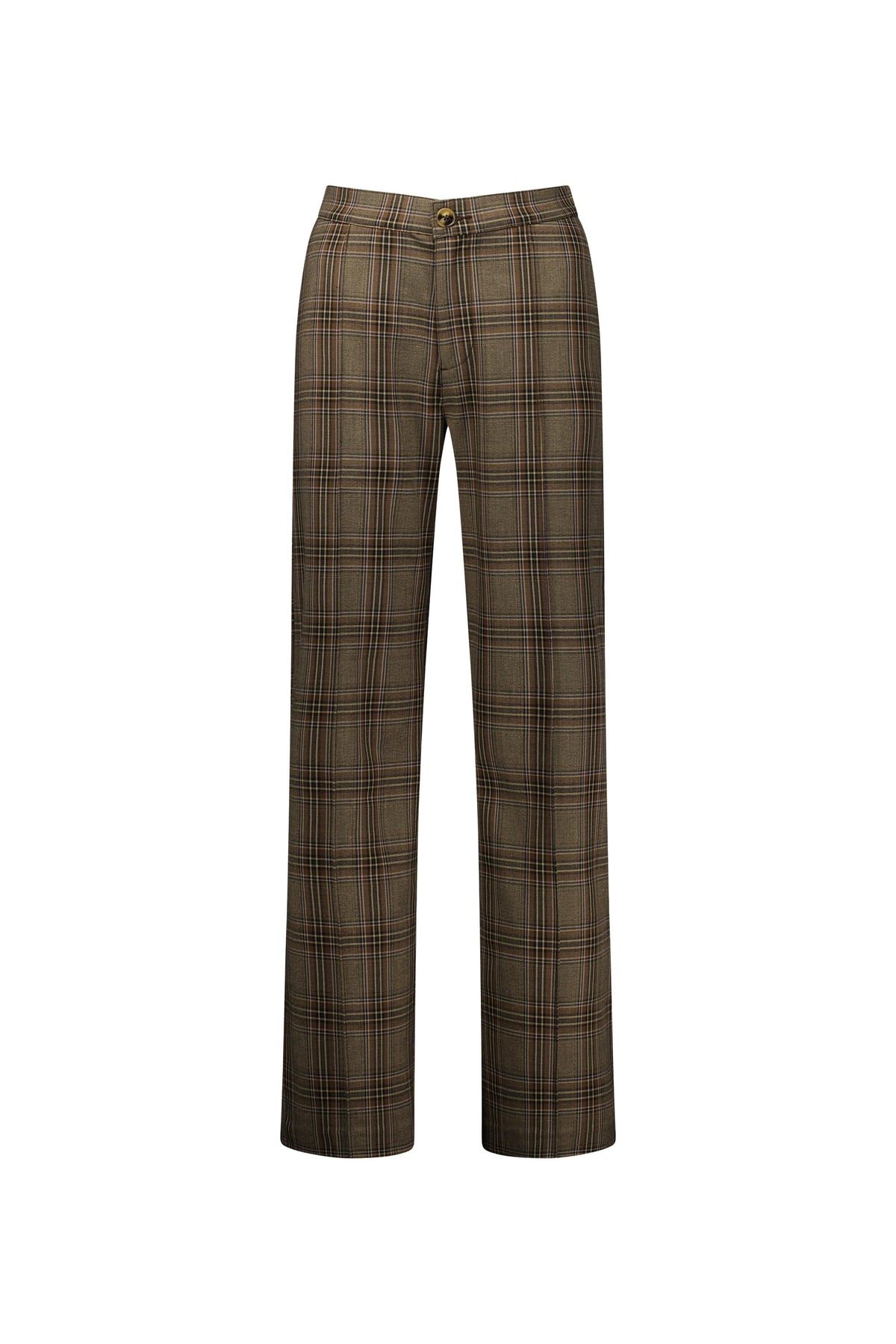 The Vassalli Wide Leg Dress Pant - Britain features a brown plaid pattern, subtle checked design, fitted waistband with elastic back for comfort, and button closure, shown on a plain white background.