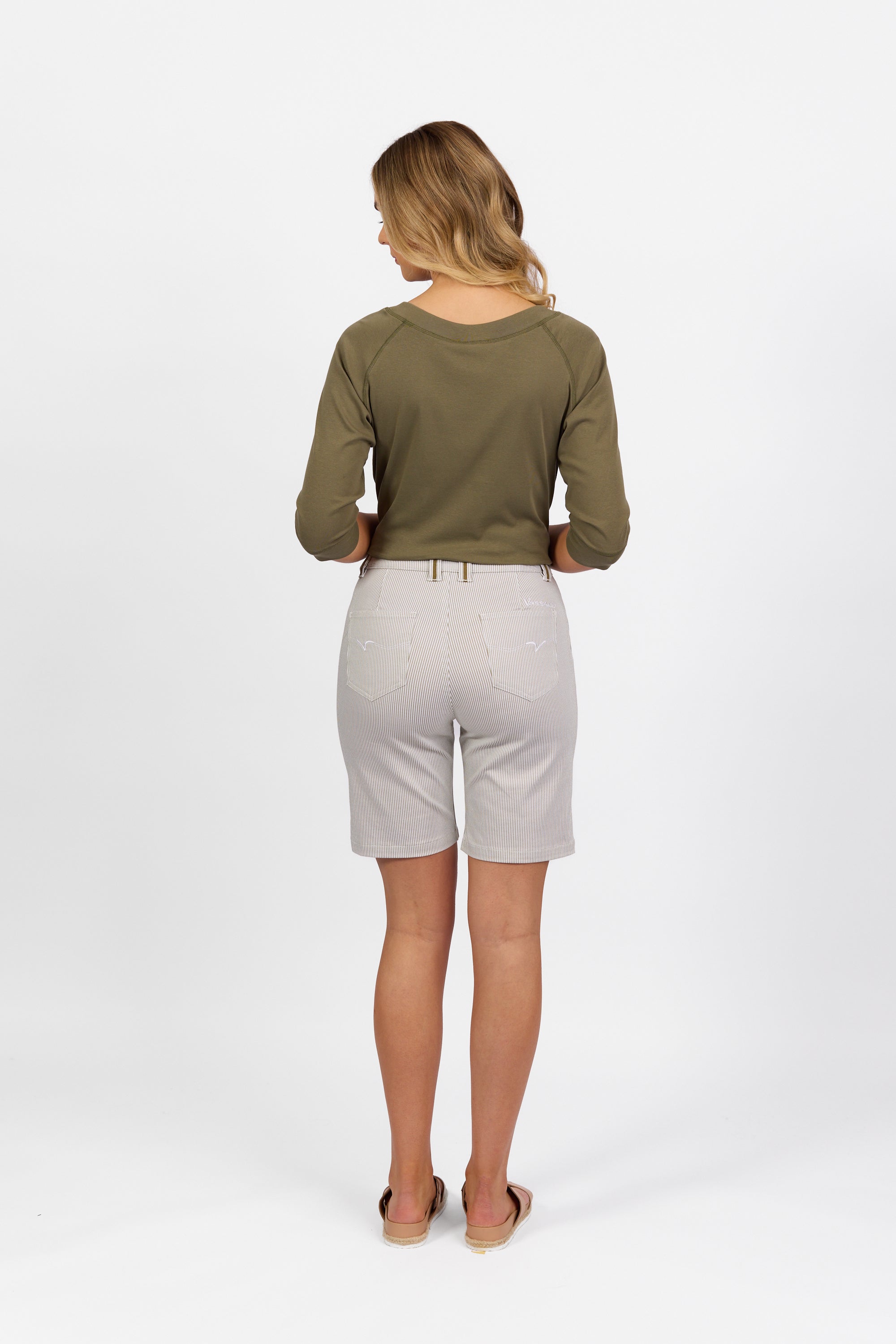 5998 Khaki Stripe - Slim Leg Above Knee Short with Contrast Trim - Vassalli