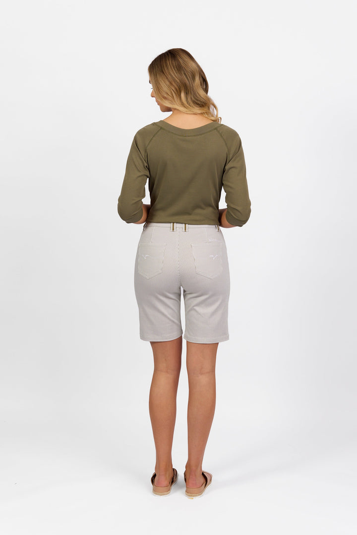 5998 Khaki Stripe - Slim Leg Above Knee Short with Contrast Trim - Vassalli