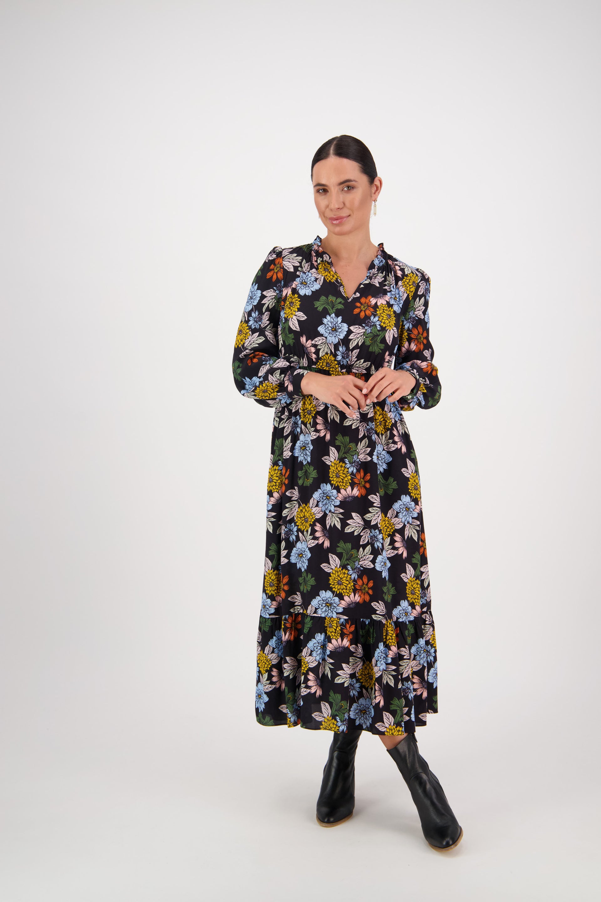 6096 Viva La Bloom - Printed Frill Neck Dress with Panel Hem - Vassalli