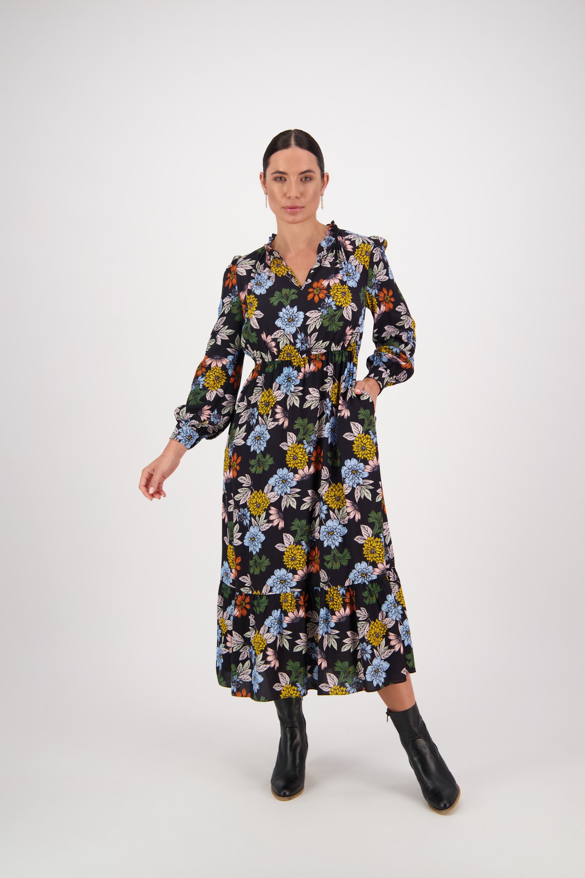 6096 Viva La Bloom - Printed Frill Neck Dress with Panel Hem - Vassalli