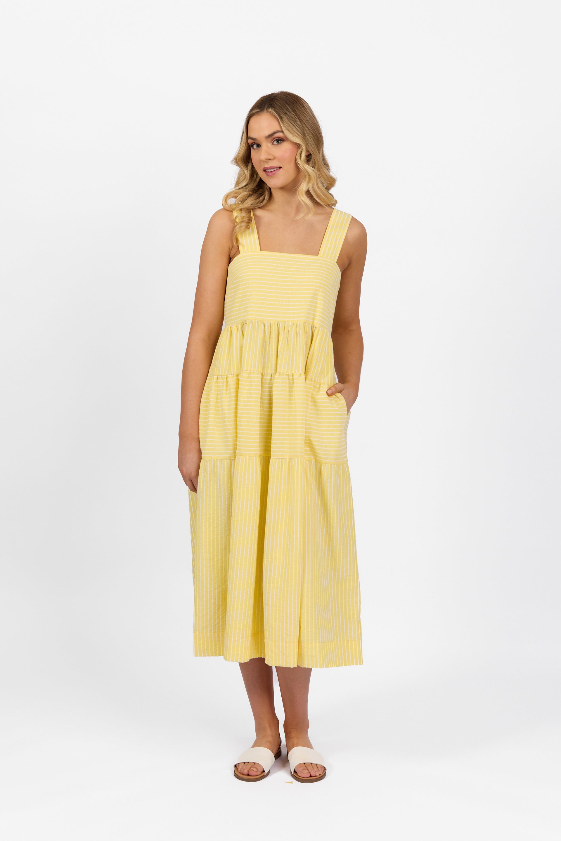 6099 Tiered Dress - Lemon Stripe