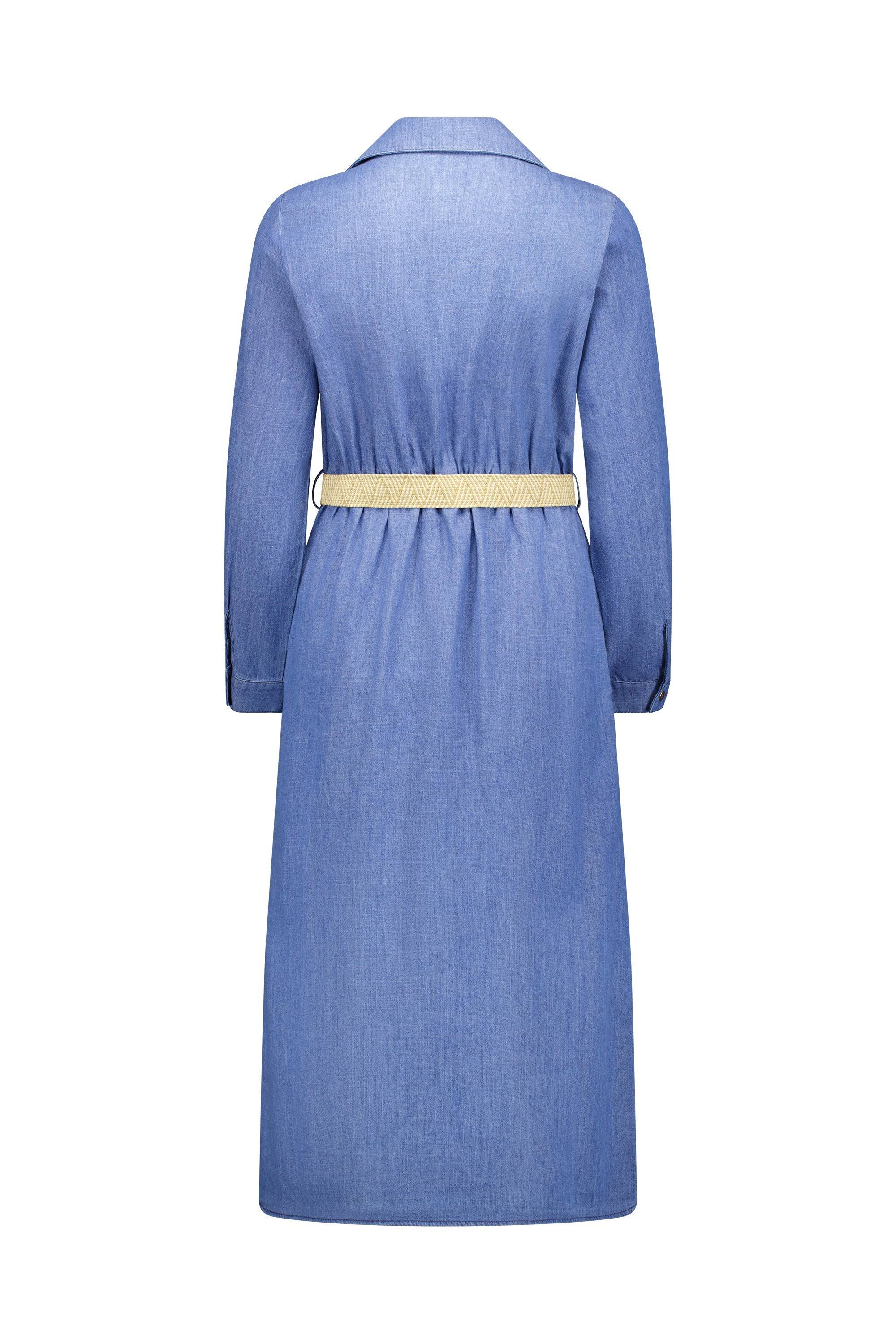 Back view of the Vassalli Long Sleeve Dress - Blue Wash, featuring a collar and a beige braided belt at the waist, shown on a white background.
