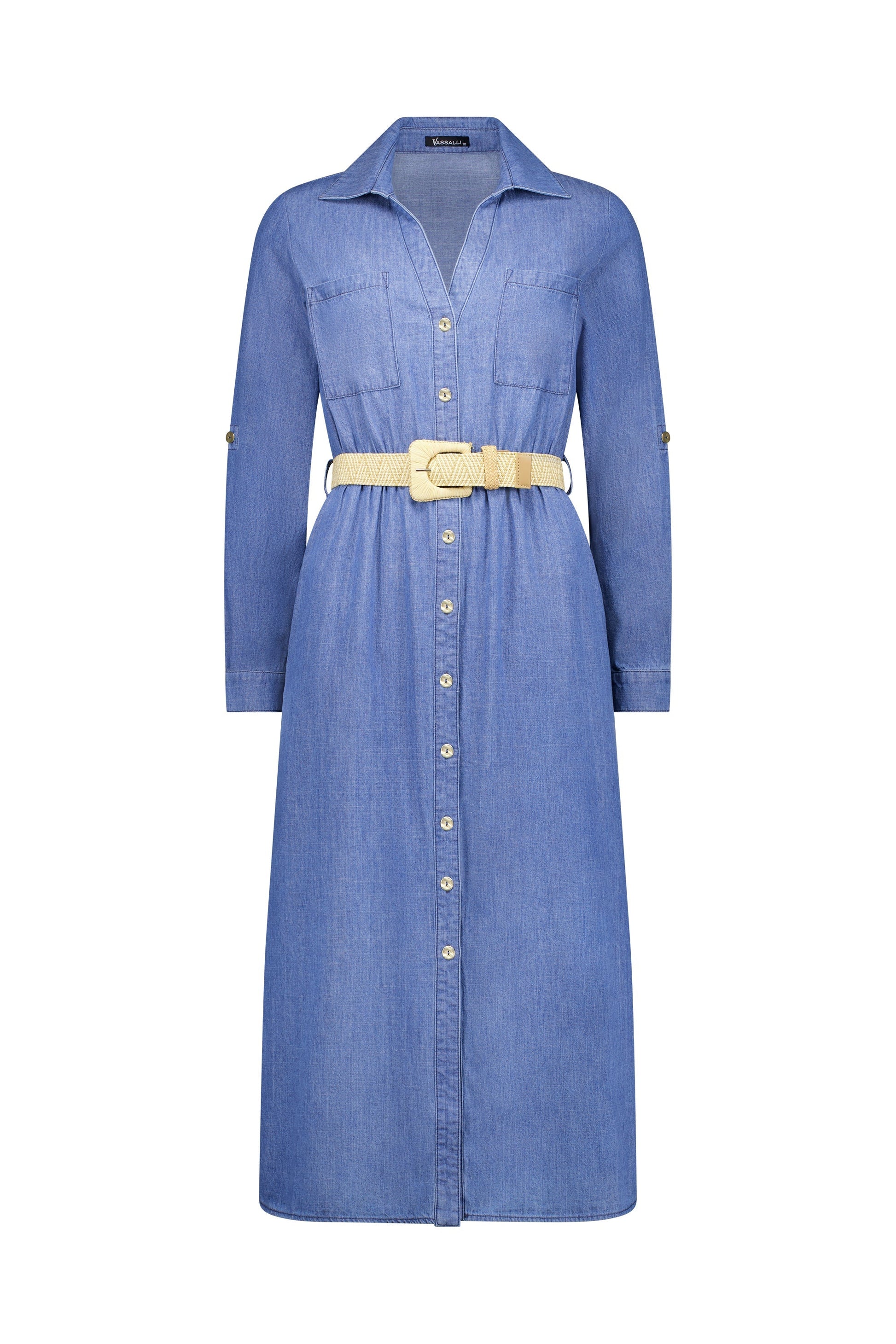 6100 Blue Wash - Long Sleeve Shirt Dress with Sleeve Tab and Belt - Vassalli