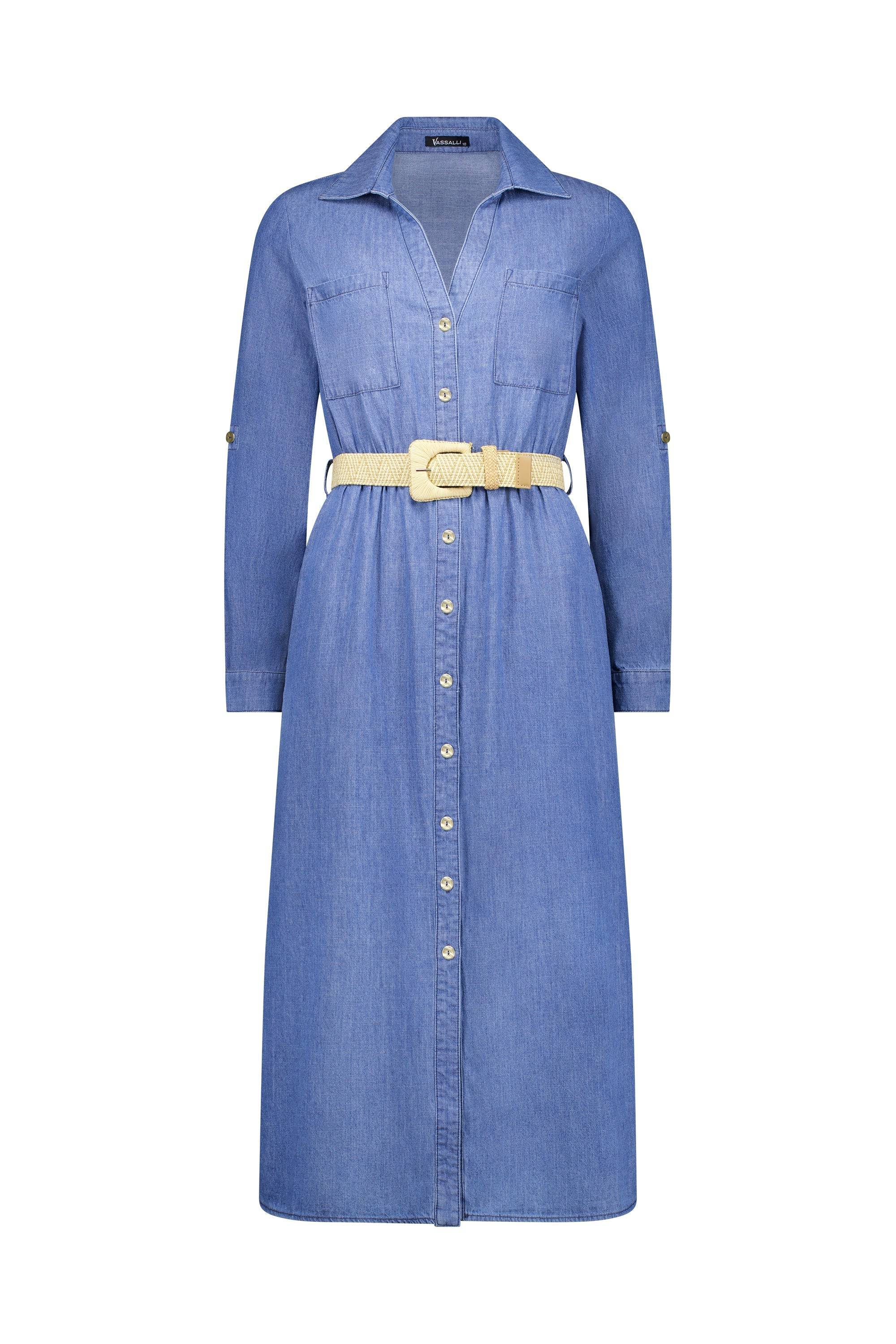 The Vassalli Long Sleeve Dress - Blue Wash is a midi shirt dress with front buttons, chest pockets, a collar, roll-tab sleeves, and a beige woven belt for versatile styling.