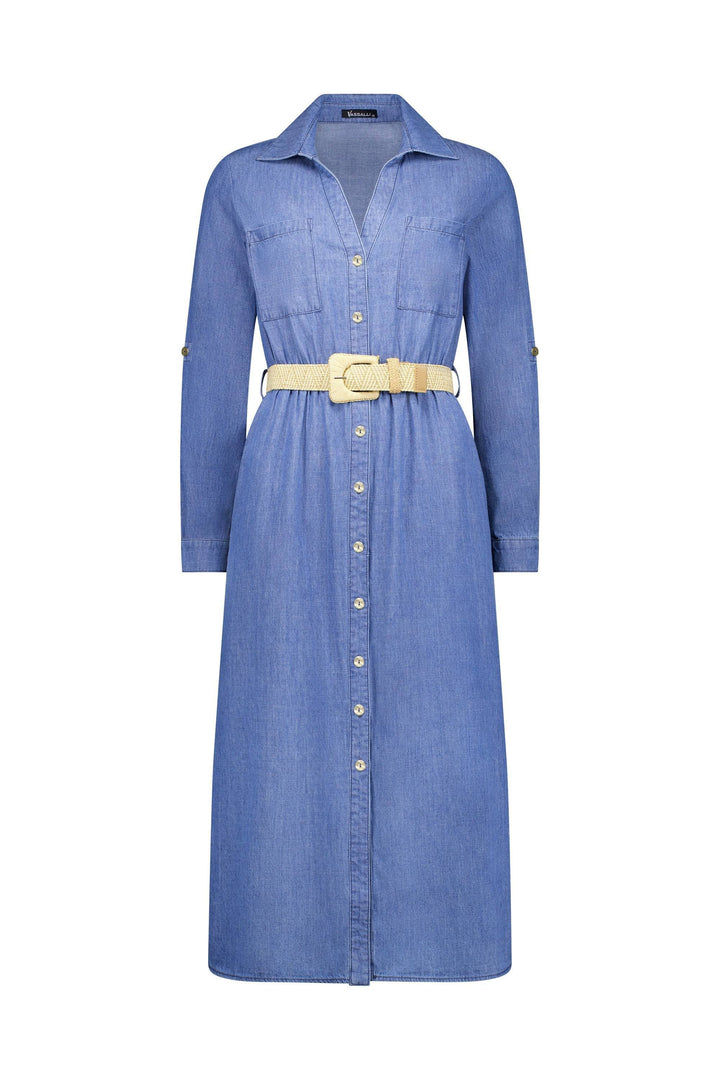 6100 Blue Wash - Long Sleeve Shirt Dress with Sleeve Tab and Belt - Vassalli