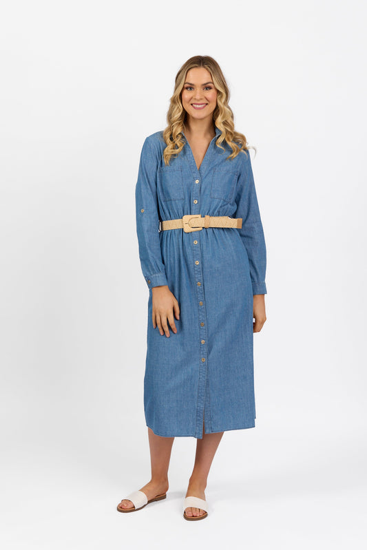 6100 Blue Wash - Long Sleeve Shirt Dress with Sleeve Tab and Belt - Vassalli