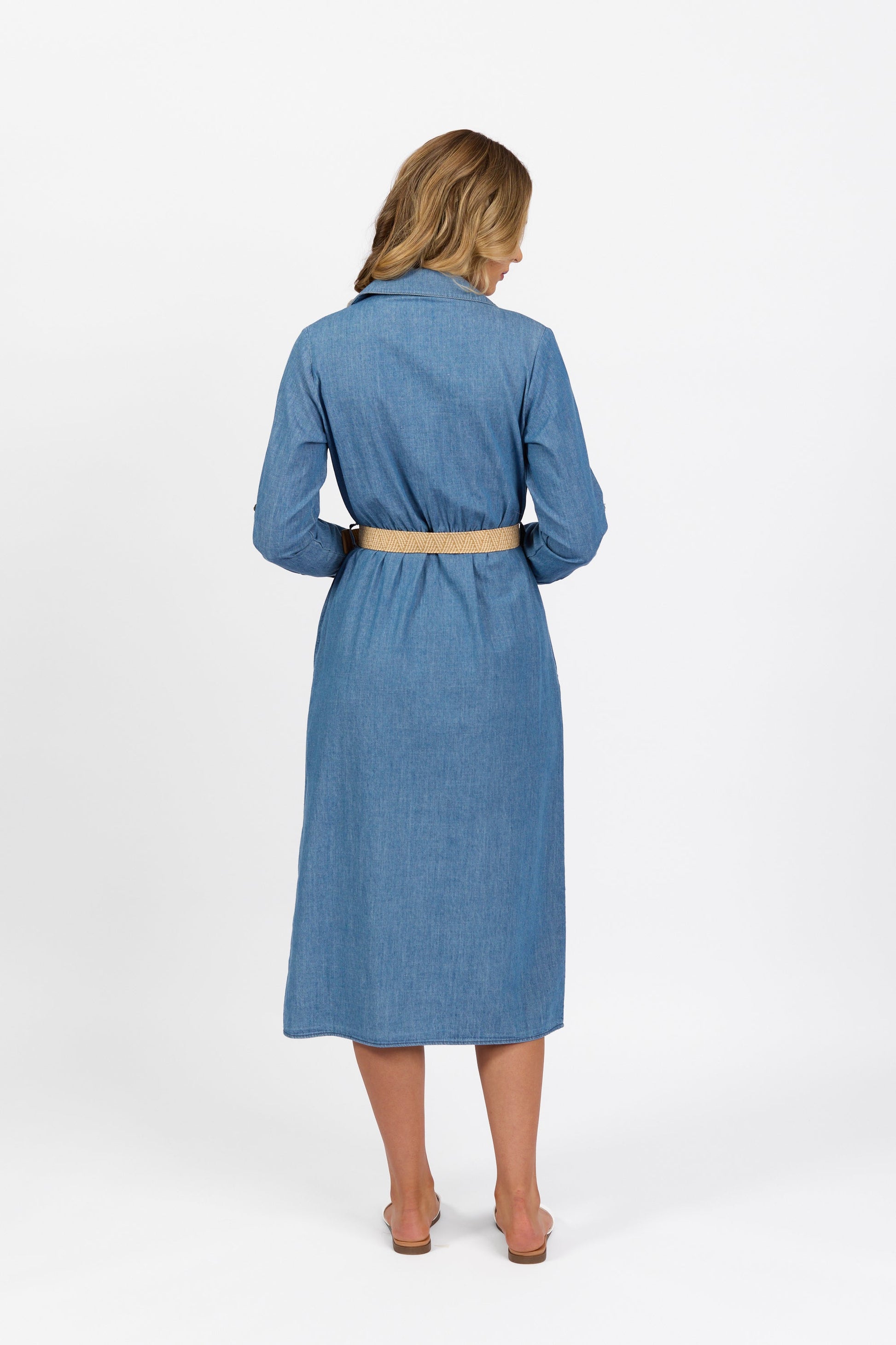 6100 Blue Wash - Long Sleeve Shirt Dress with Sleeve Tab and Belt - Vassalli
