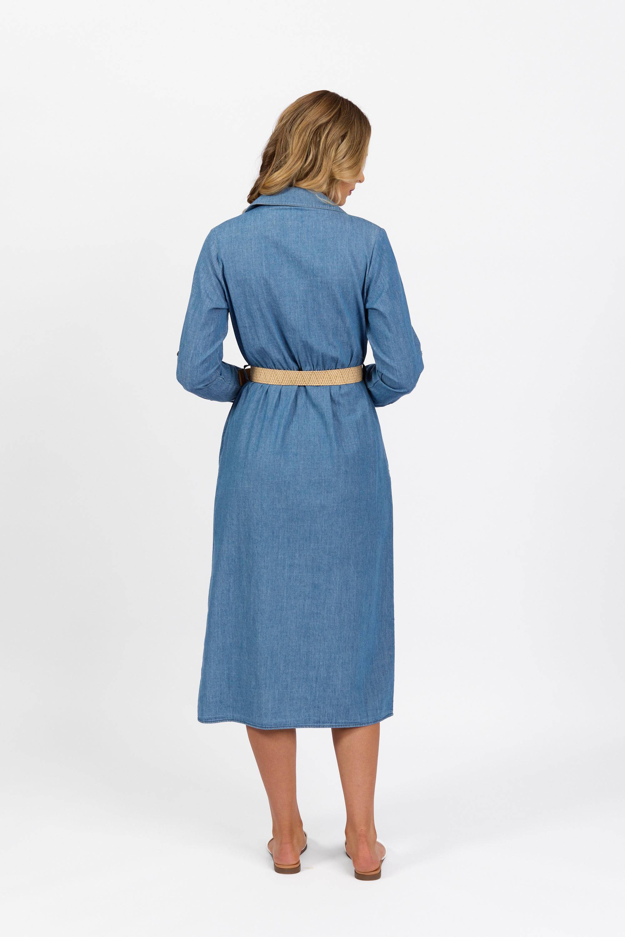 6100 Blue Wash - Long Sleeve Shirt Dress with Sleeve Tab and Belt - Vassalli