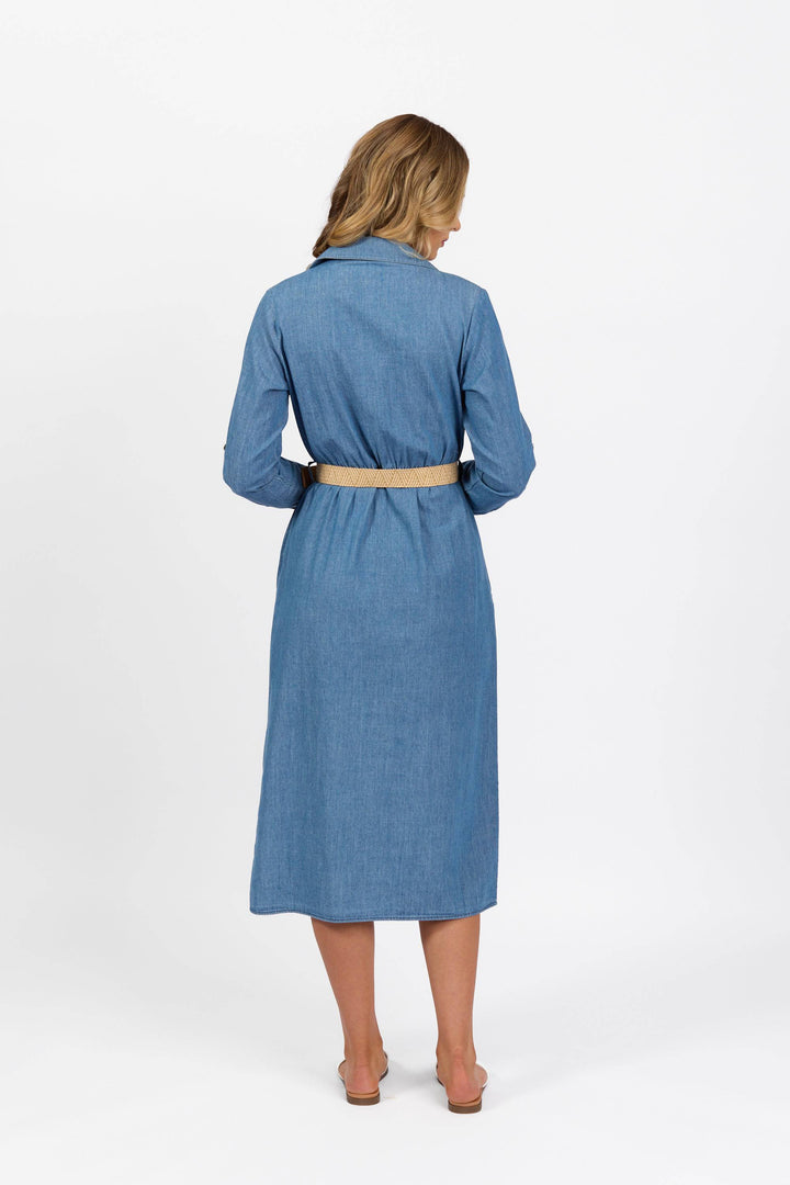 6100 Blue Wash - Long Sleeve Shirt Dress with Sleeve Tab and Belt - Vassalli