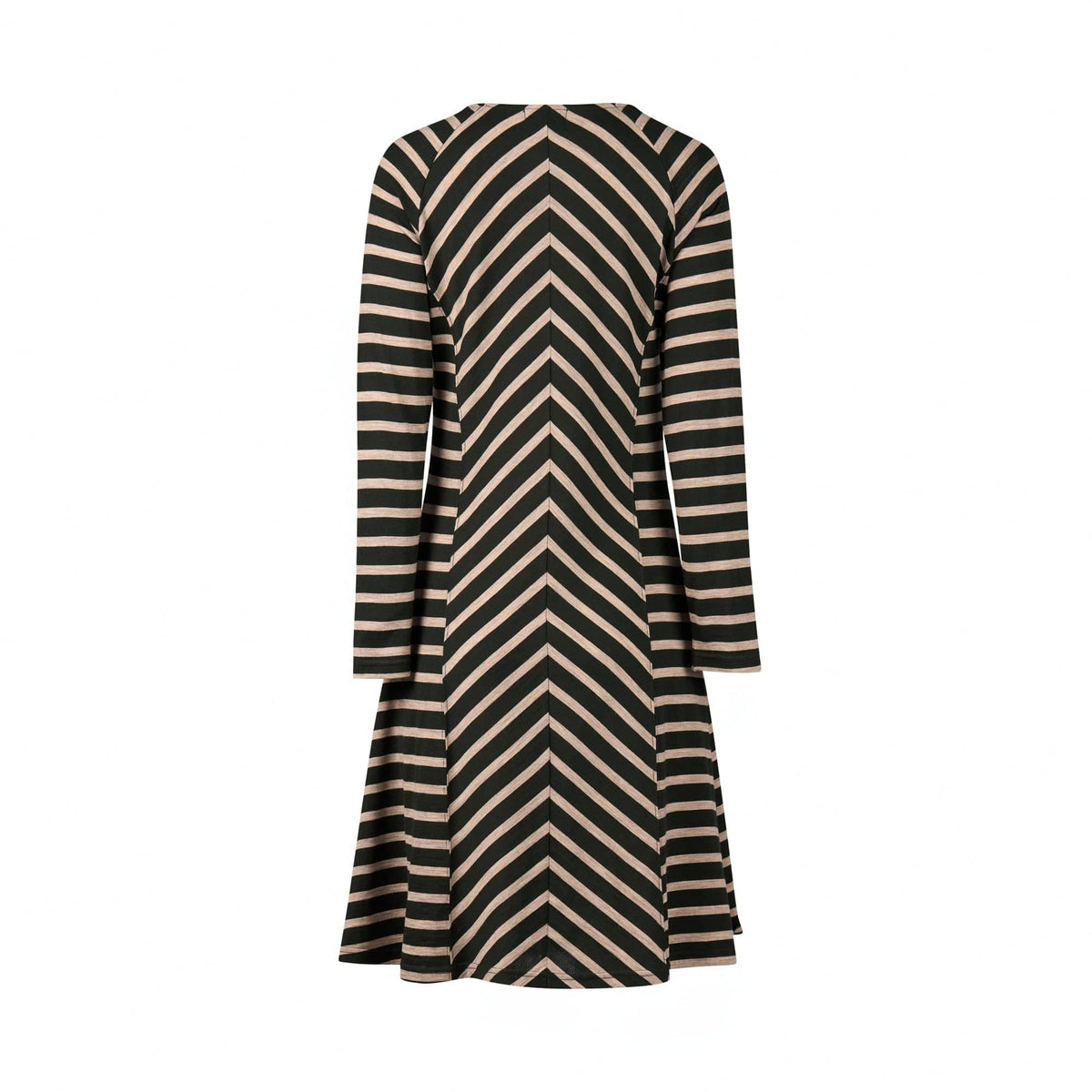 The Vassalli Swing Merino Dress in Forest/Twig Stripe features a merino long sleeve design with bold stripes, a slightly flared swing skirt, and a classic round neckline.