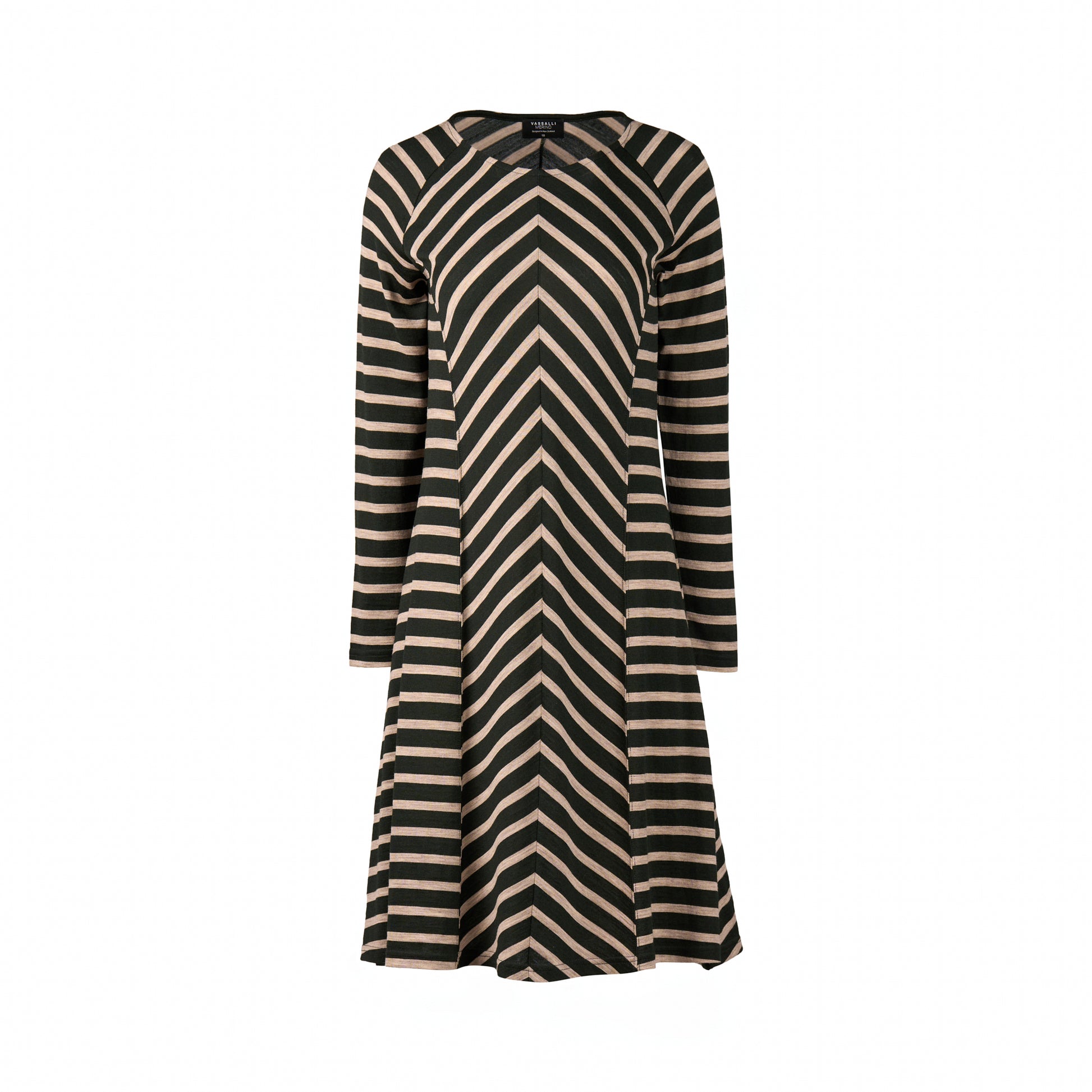 6107 Forest/Twig Stripe - 100% Merino Long Sleeve Swing Dress - Vassalli