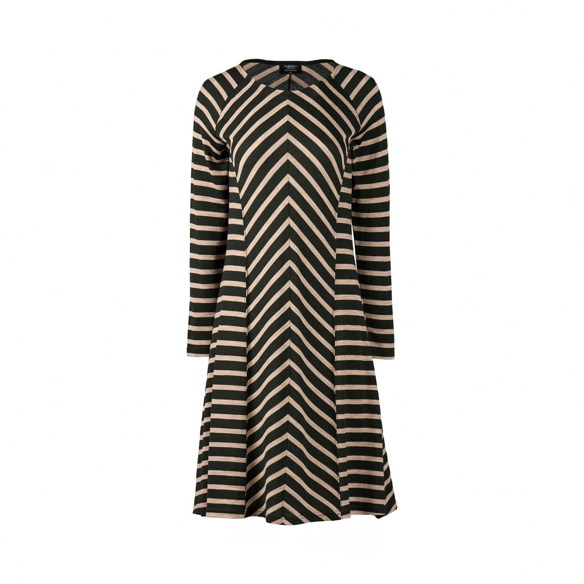 The Vassalli Swing Merino Dress in Forest/Twig Stripe features a soft jersey merino fabric, long sleeves, V-shaped chevron stripes on the front, a round neckline, and a slightly flared hem for comfort and style.